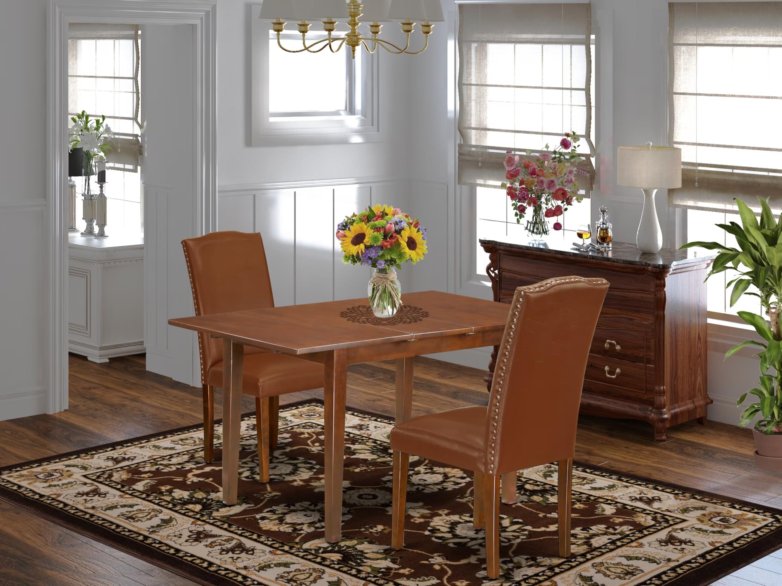 East West Furniture Psen3-Mah-66 3 Piece Small Dinette Set Contains A Rectangle Butterfly Leaf Dining Table And 2 Brown Faux Faux Leather Upholstered Chairs, 32X60 Inch, Mahogany