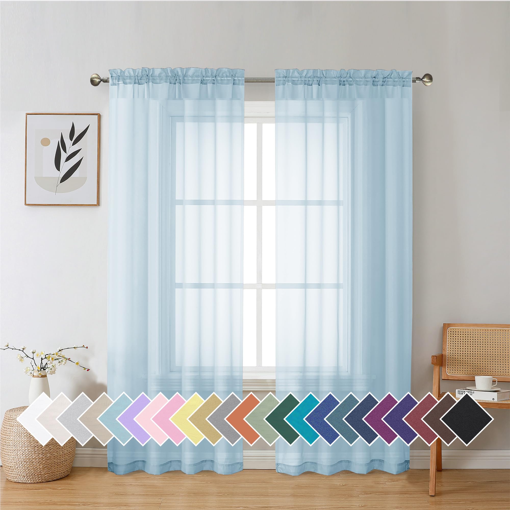 Aiyufeng 2 Pack: Basic Sky Blue Sheer Curtain Drapes 72 Inch Length 2 Panels for Living Room, Light Filtering Voile Drapes for B