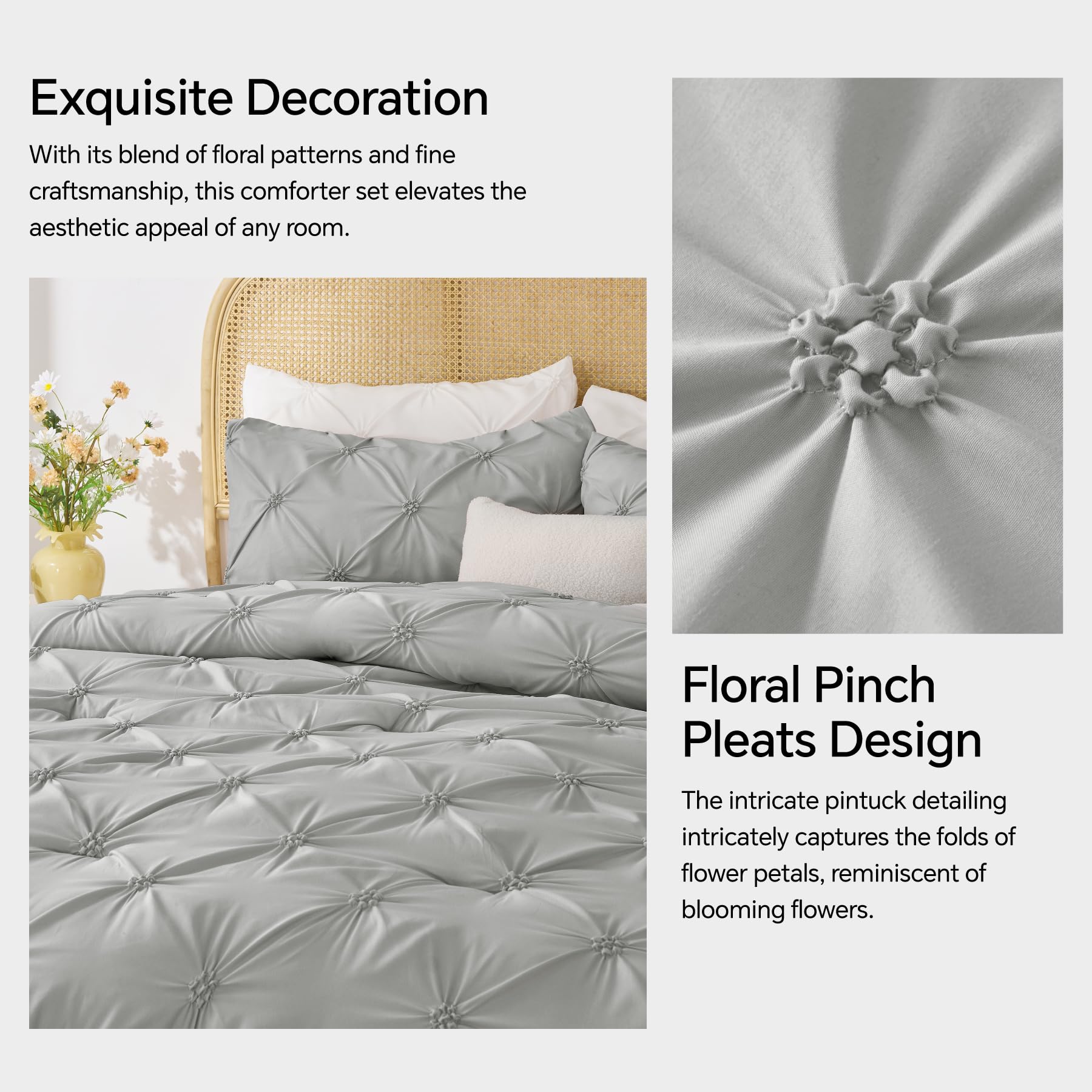 Bedelite Grey Twin Comforter Set For Girls - 2 Peices Boho Pintuck Bedding Comforter Sets, Lightweight Soft & Warm Twin Bedding