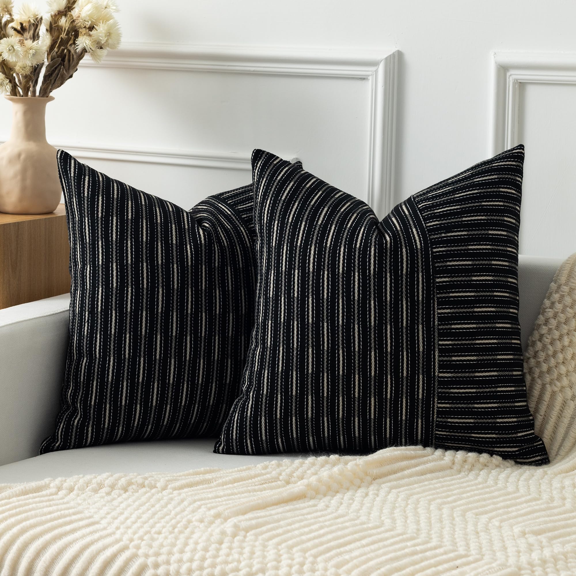Kevin Textile Ink Black And Beige Patchwork Farmhouse Throw Pillow Covers 18 X 18 Inch, Pack Of 2 Striped Linen Decorative Pillow Case For Sofa Couch Chair Bedroom Modern Decor