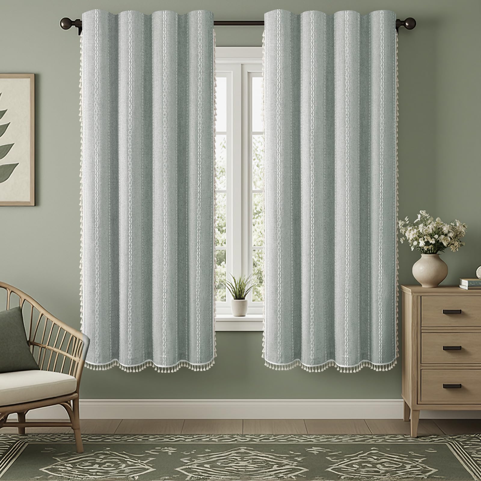 XOGUIBO Teal Boho Blackout Curtains 72 Inches Long Light Green Linen Blend 2 Panels with Tassels and Cotton Embroidery, Farmhous