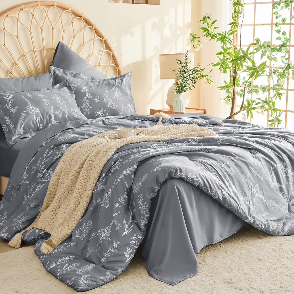 Muxhomo Light Grey Bed In A Bag Queen 7 Pieces, Queen Comforter Set Reversible Botanical Flowers Design, Ultra Soft & Breathable