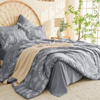 Muxhomo Light Grey Bed In A Bag Queen 7 Pieces, Queen Comforter Set Reversible Botanical Flowers Design, Ultra Soft & Breathable