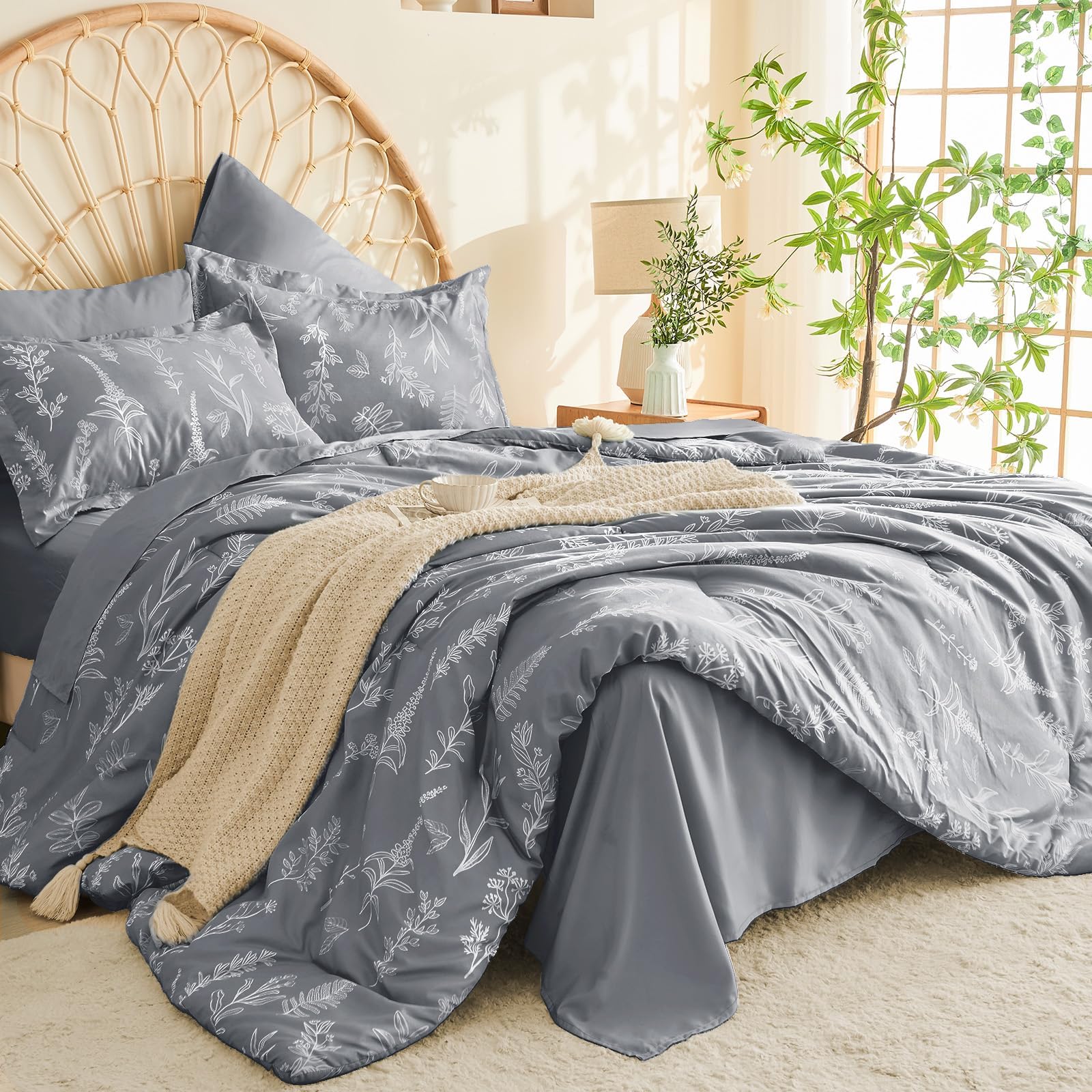Muxhomo Light Grey Bed In A Bag Queen 7 Pieces, Queen Comforter Set Reversible Botanical Flowers Design, Ultra Soft & Breathable