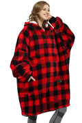 Catalonia Buffalo Plaid Oversized Wearable Blanket Hoodie Sweatshirt, Comfortable Sherpa Lounging Pullover For Adults Men Women