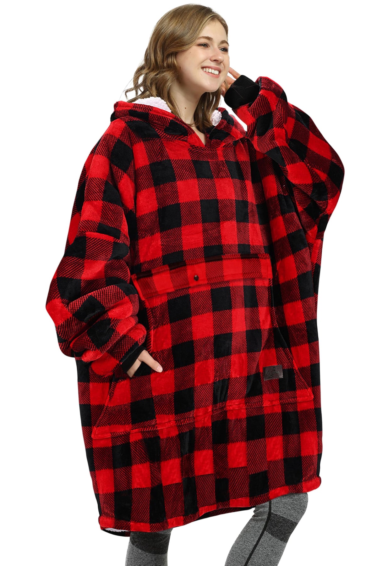Catalonia Buffalo Plaid Oversized Wearable Blanket Hoodie Sweatshirt, Comfortable Sherpa Lounging Pullover For Adults Men Women