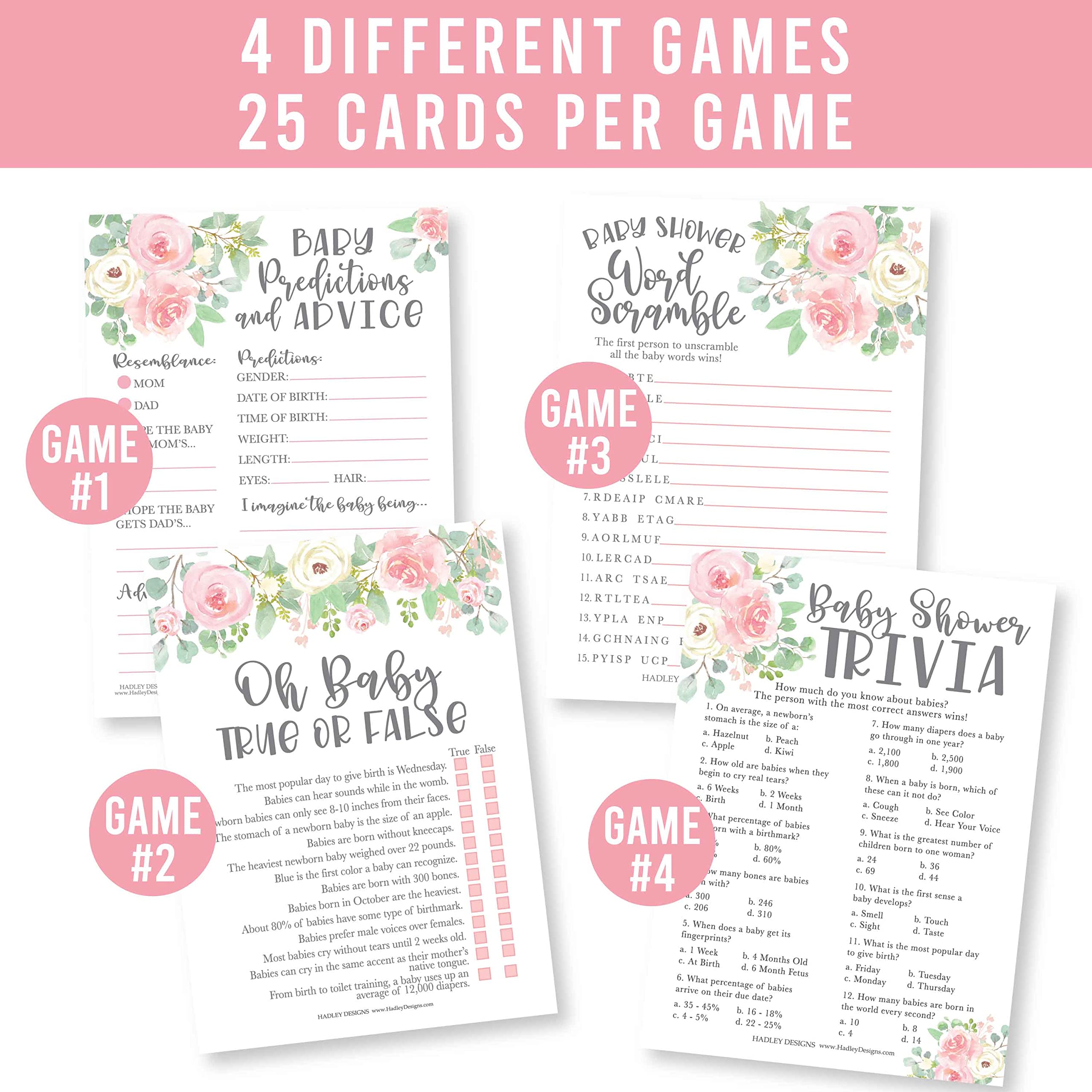 Hadley Designs Floral Baby Shower Games For Girls - 50 Cards, Two 25-Game Sets, 4 Games Double Sided, Baby Prediction And Advice
