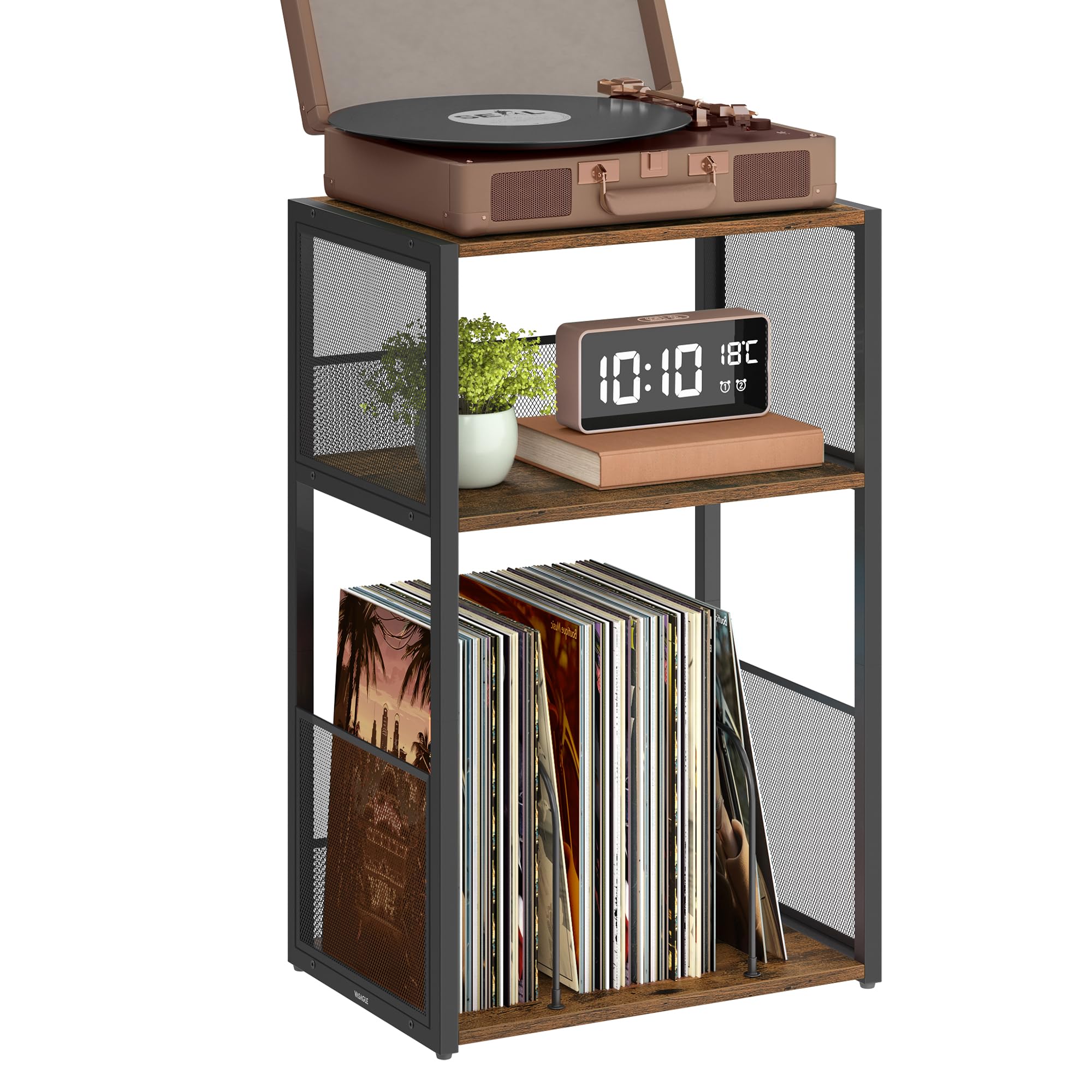 VASAGLE Record Player Stand, 3-Tier Side Table, Vinyl Record Storage up to 100 Albums, End Table for Living Room, Bedroom, Rusti