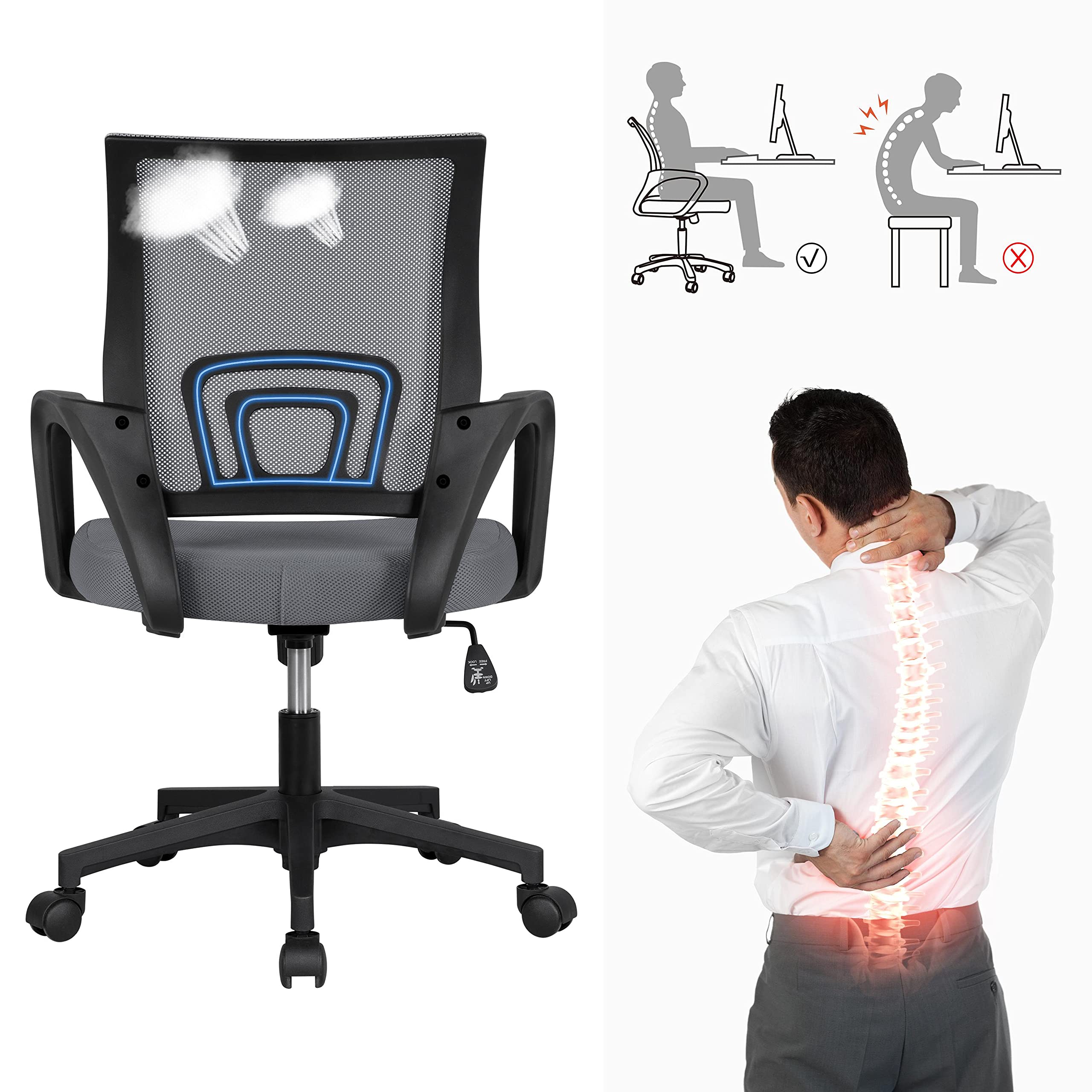 Yaheetech Office Chair Mid Back Executive Task Swivel Rolling Gaming Lumbar Support Modern Desk Computer Ergonomic Mesh Embody Chair Rolly Study Chair With Armrests, Dark Grey