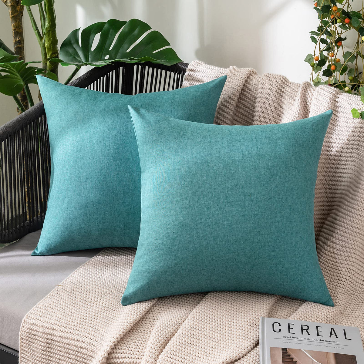 Miulee Pack Of 2 Decorative Outdoor Solid Waterproof Throw Pillow Covers Linen Garden Farmhouse Cushion Cases For Patio Tent Bal