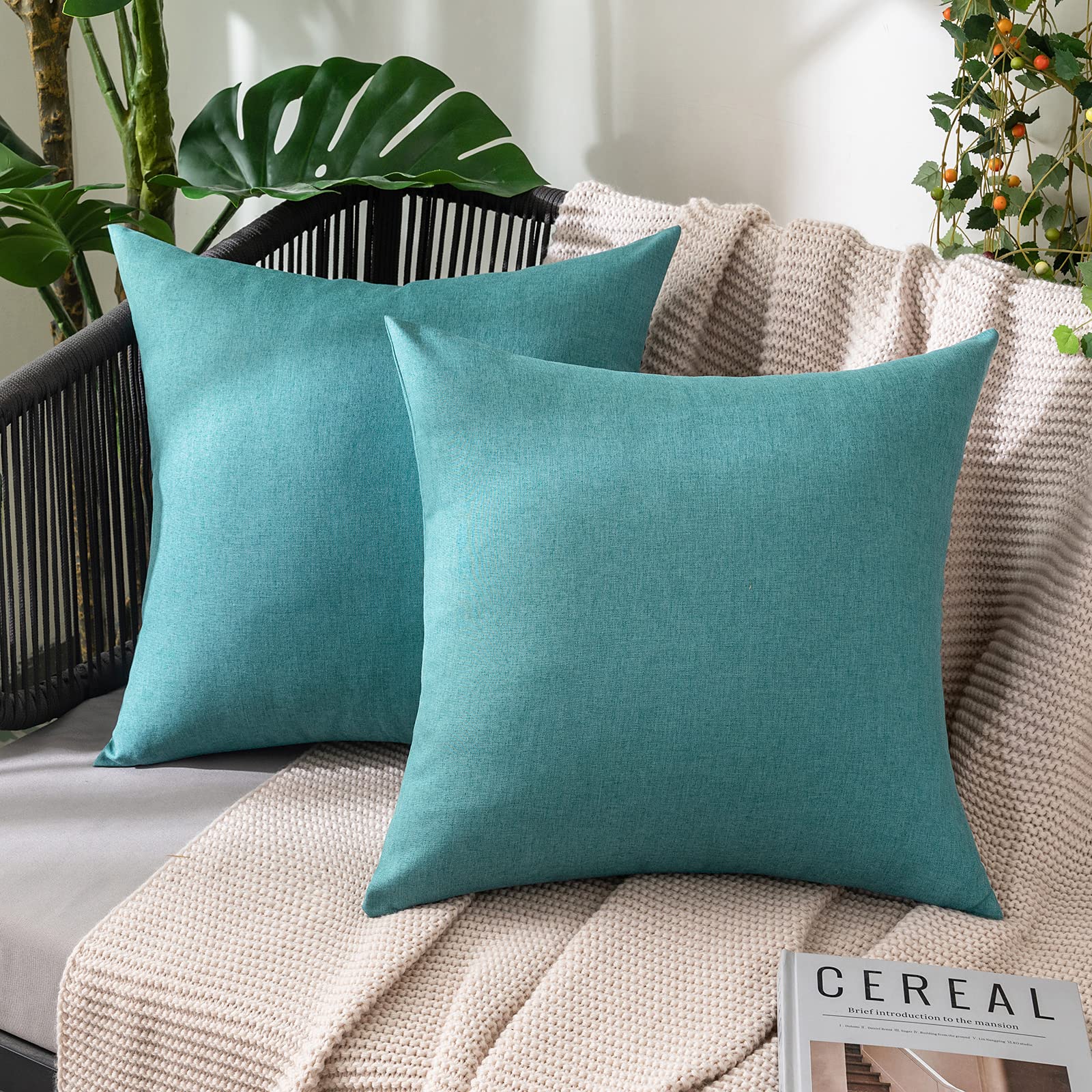 Miulee Pack Of 2 Decorative Outdoor Solid Waterproof Throw Pillow Covers Linen Garden Farmhouse Cushion Cases For Patio Tent Bal