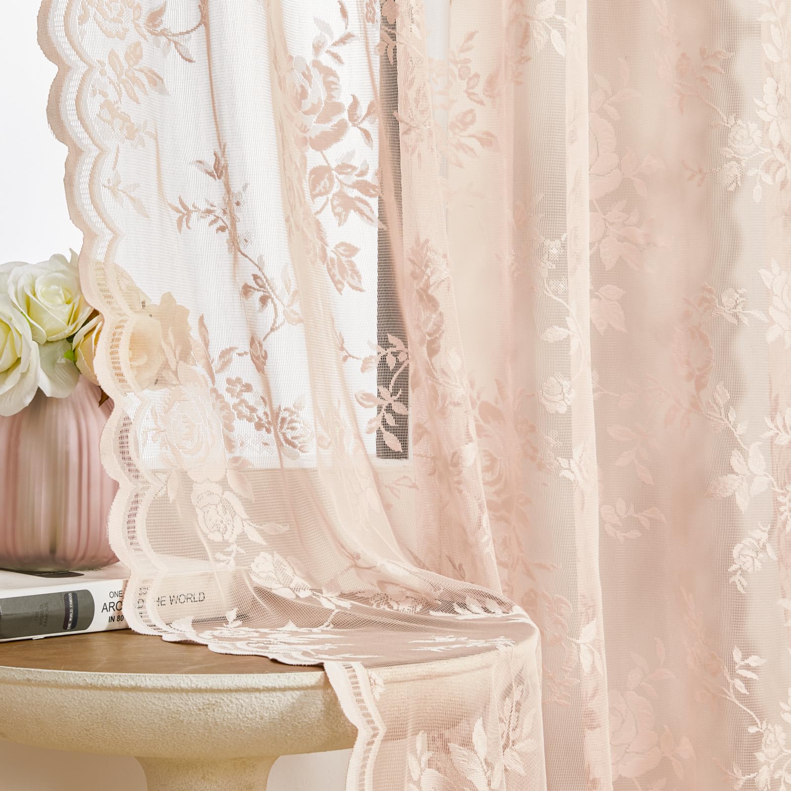 Seekright Pink Lace Curtains 45 Inch Length Victorian Floral Sheer Curtains For Living Room Bedroom Girls Room Rod Pocket Light
