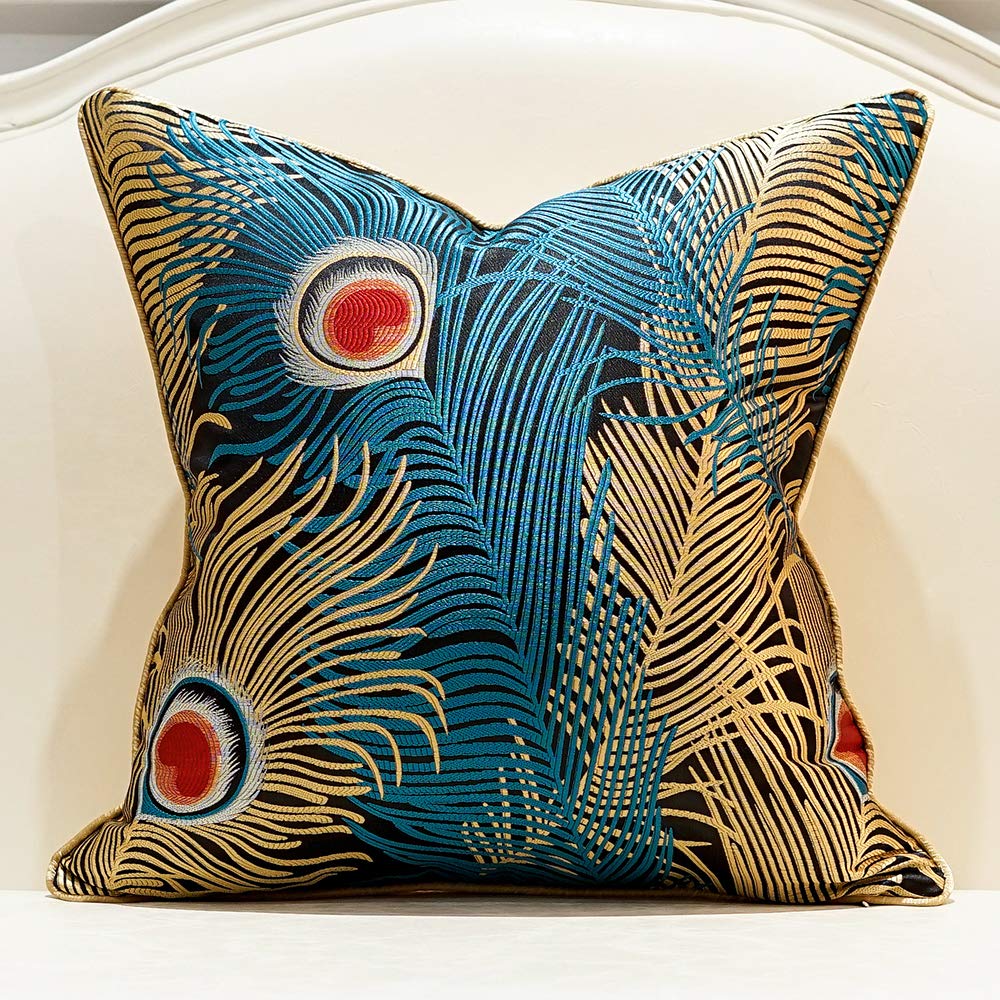 Avigers 20 X 20 Inches Navy Blue Gold Peacock Feathers Cushion Cases Luxury Throw Pillow Covers Home Decorative Pillows For Couc