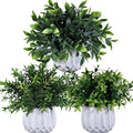 Winlyn 3 Pcs Faux Potted Plants Set - Artificial Eucalyptus, Rosemary, Boxwood Greenery in Small White Geometric Planters for In