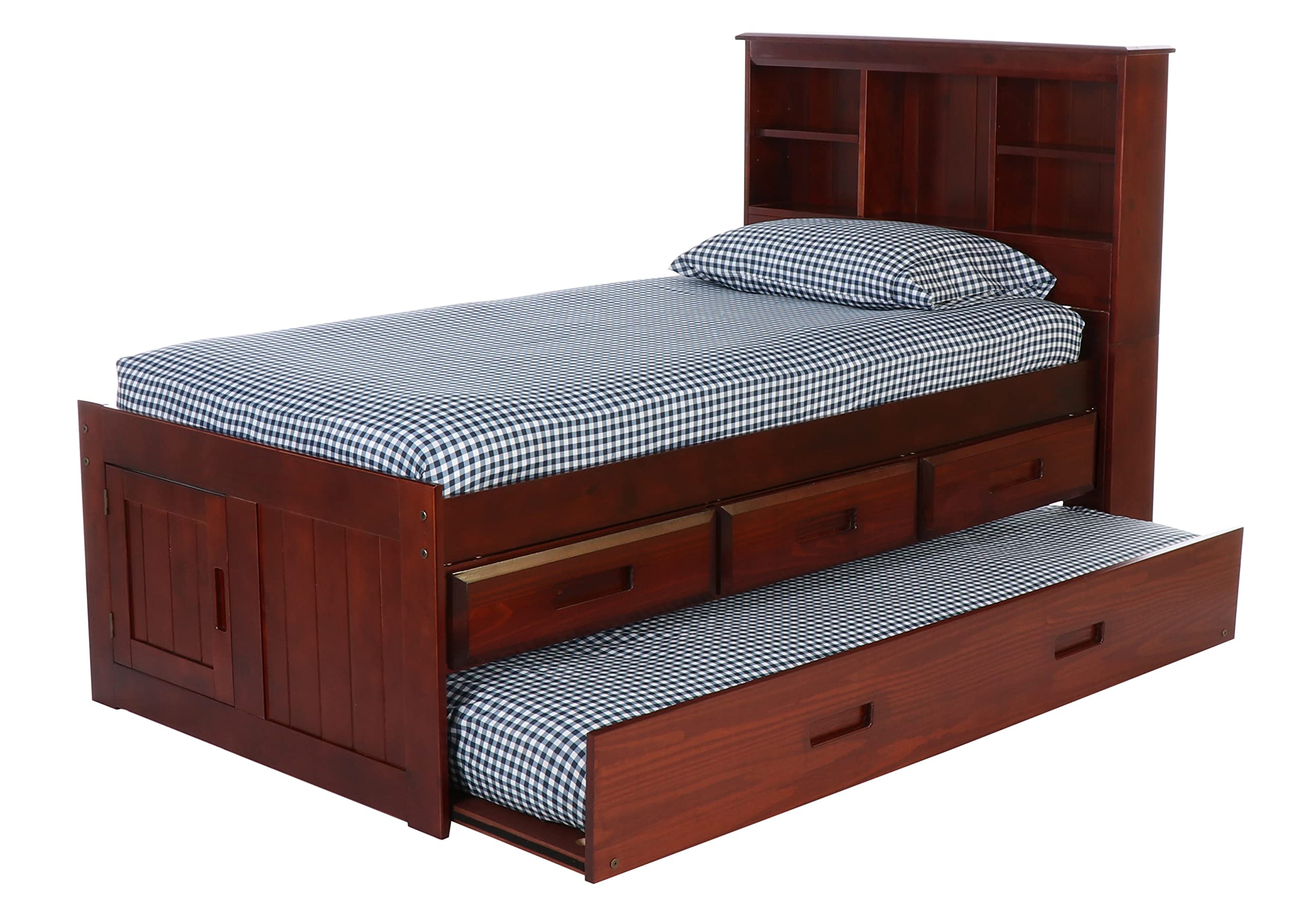 OS Home and Office Furniture Model 82820K3-22 Solid Pine Twin Captains Bookcase Bed with 3 Drawers and a Twin Sized Trundle in Rich Merlot