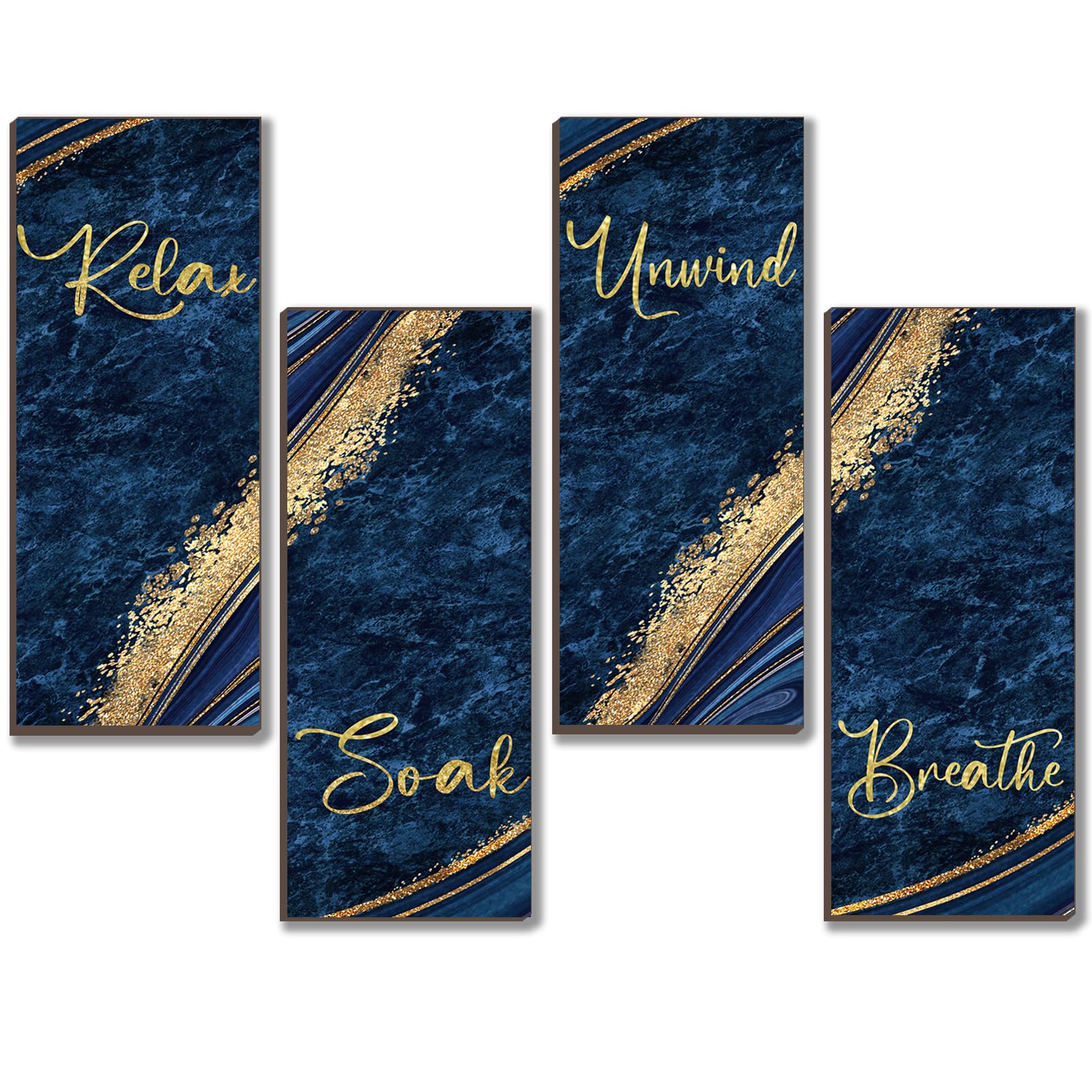 ONIZHITY 4 Pieces Blue Gold Bathroom Decor Blue Gold Wall Decor with Relax Soak Unwind Breathe Wall Art Rustic Vintage Farmhouse