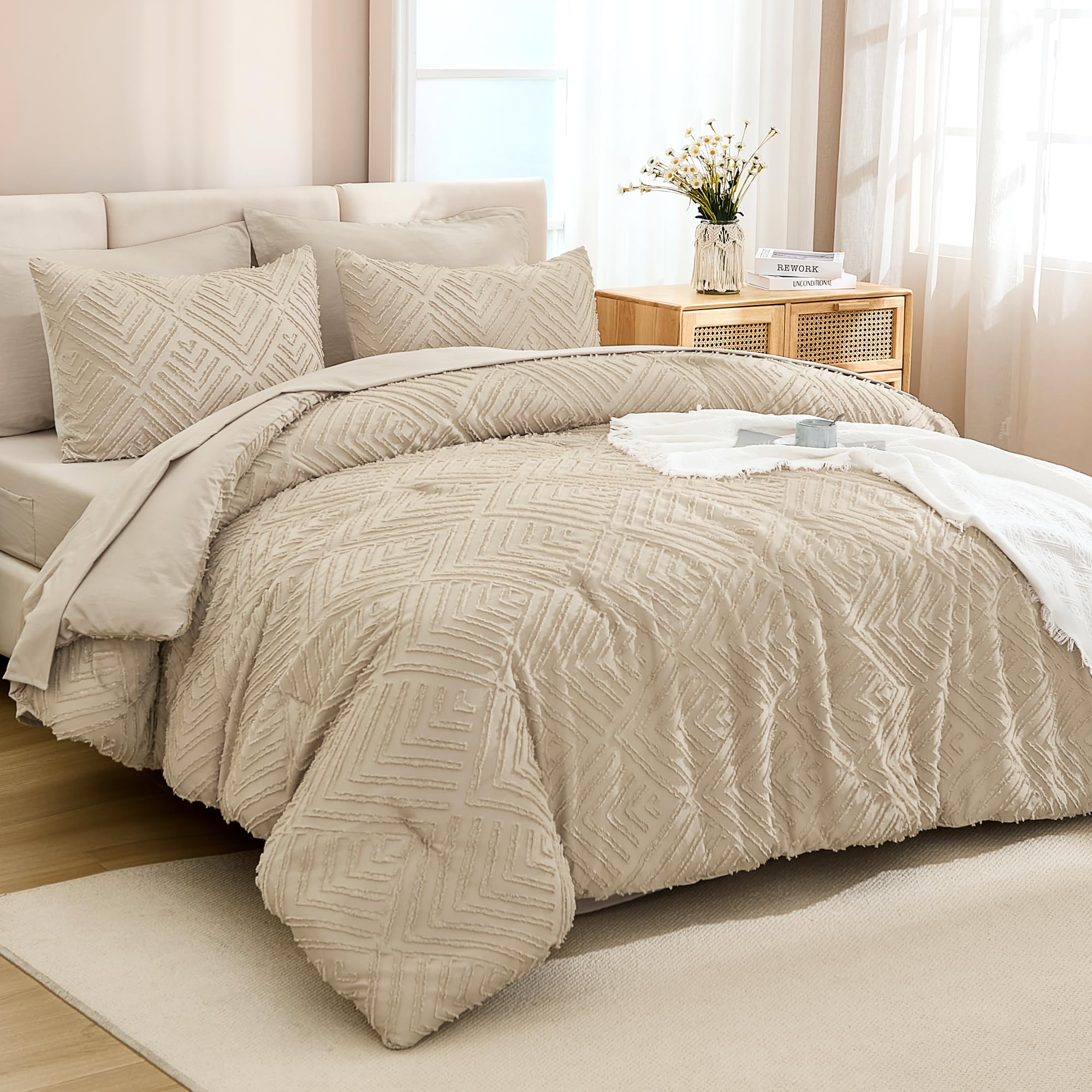 Andency Bed In A Bag Queen Khaki- 7 Pieces Queen Comforter Set Beddding Comforter Sets, Tufted Lightweight Fluffy Bed Set With C