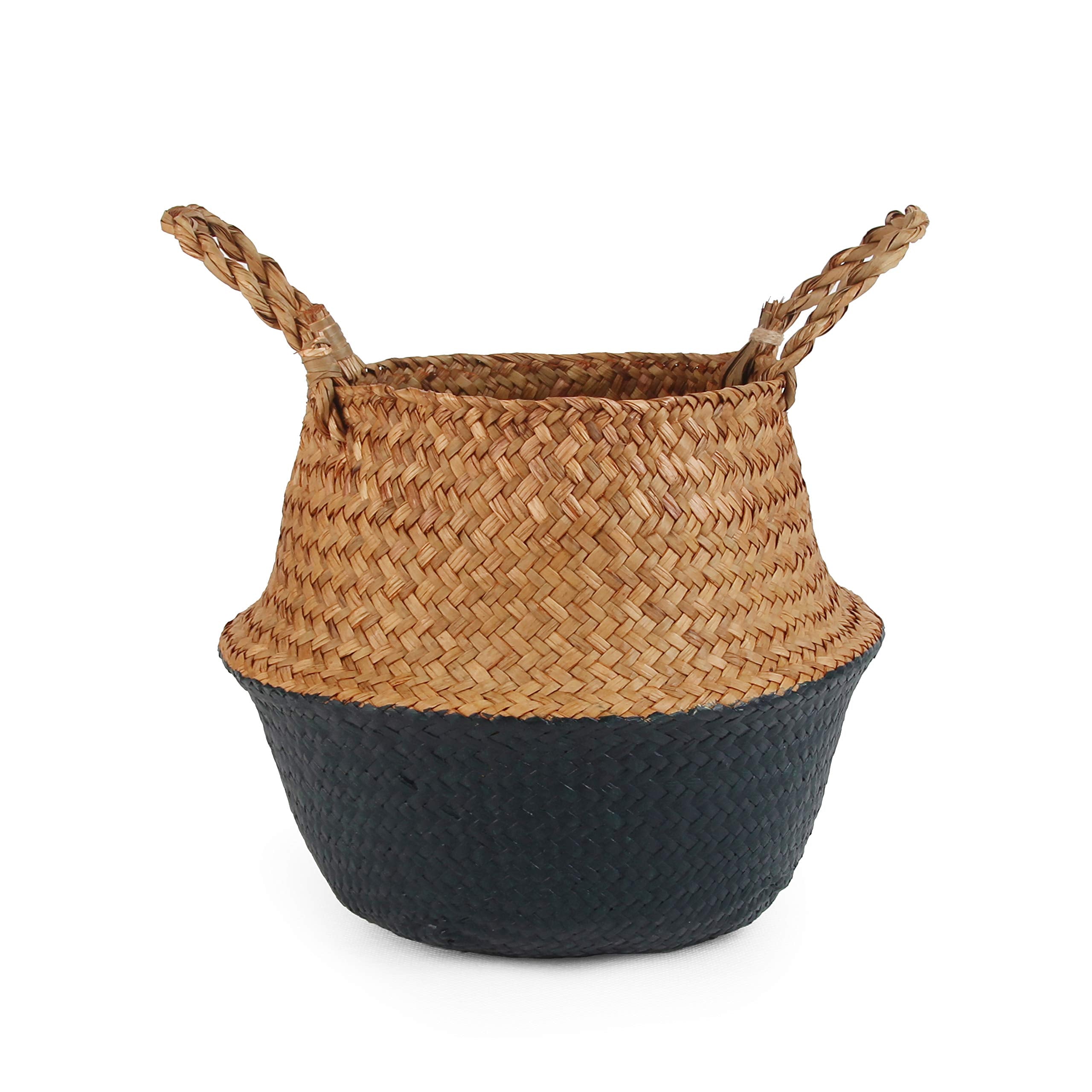 Bluemake Woven Seagrass Belly Basket For Storage, Laundry, Picnic, Plant Pot Cover, And Grocery And Toy Storage (Small, Black)