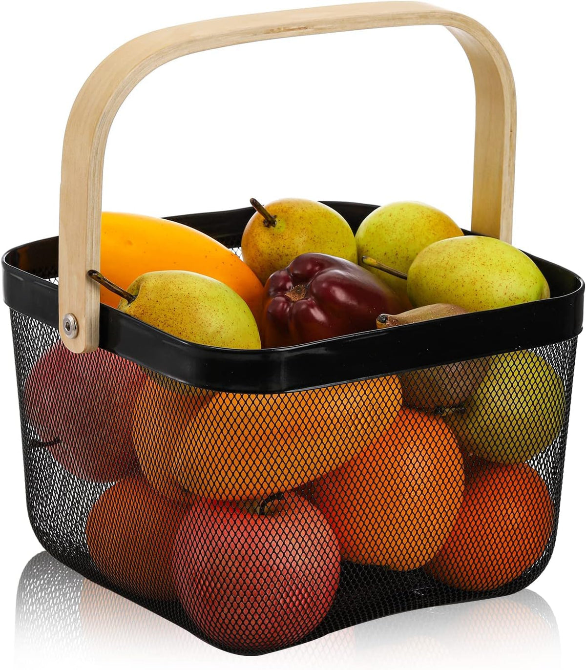 Luxansa MultiFunctional Metal Mesh Storage Fruits & Vegetables Basket with Wooden Handle for Kitchen Storage Organizer Hanging