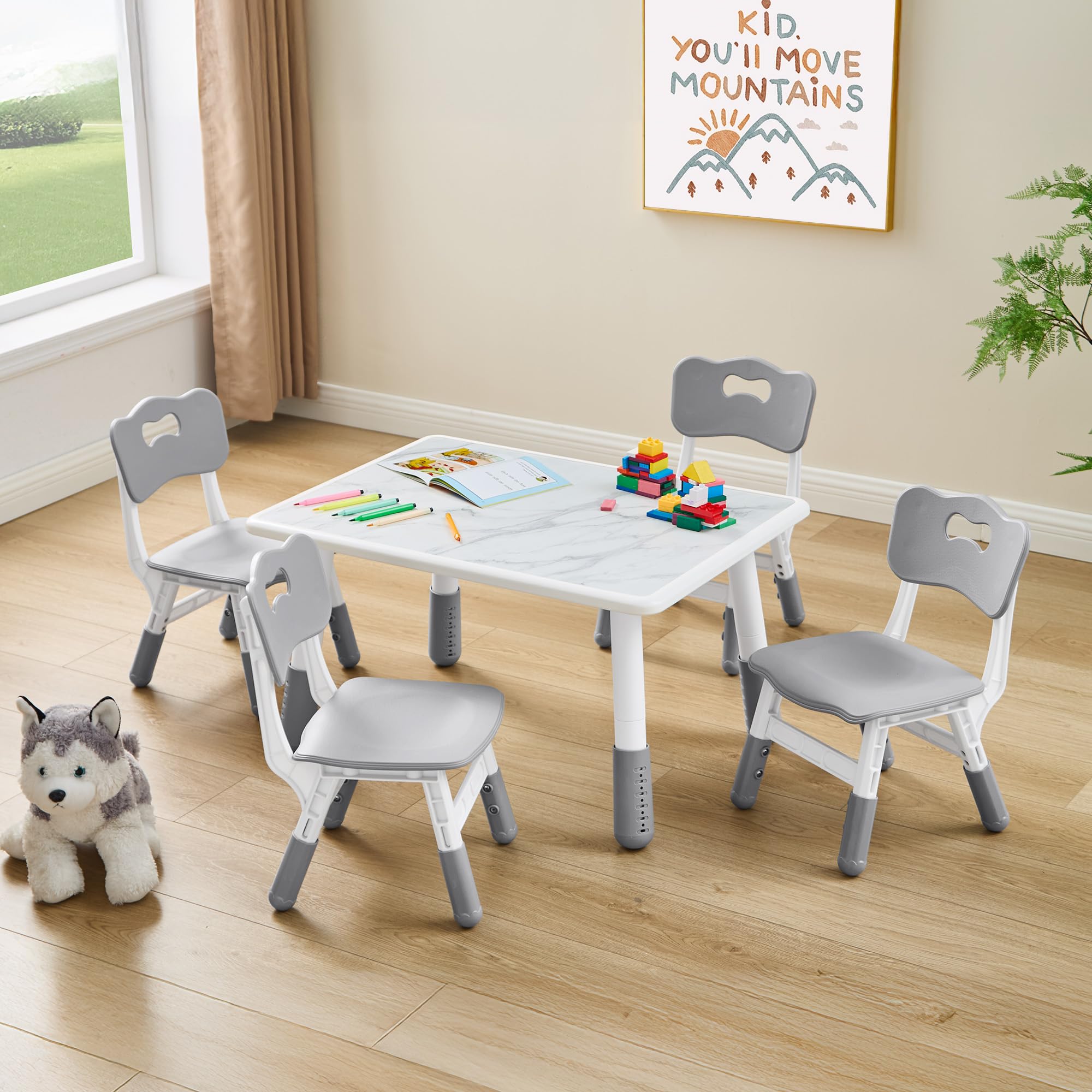 DOREROOM Toddler Table and 4 Chairs Set, Height Adjustable Kids Table and Chair Set, 31.5L x 23.6W, Marble Pattern & Graffit
