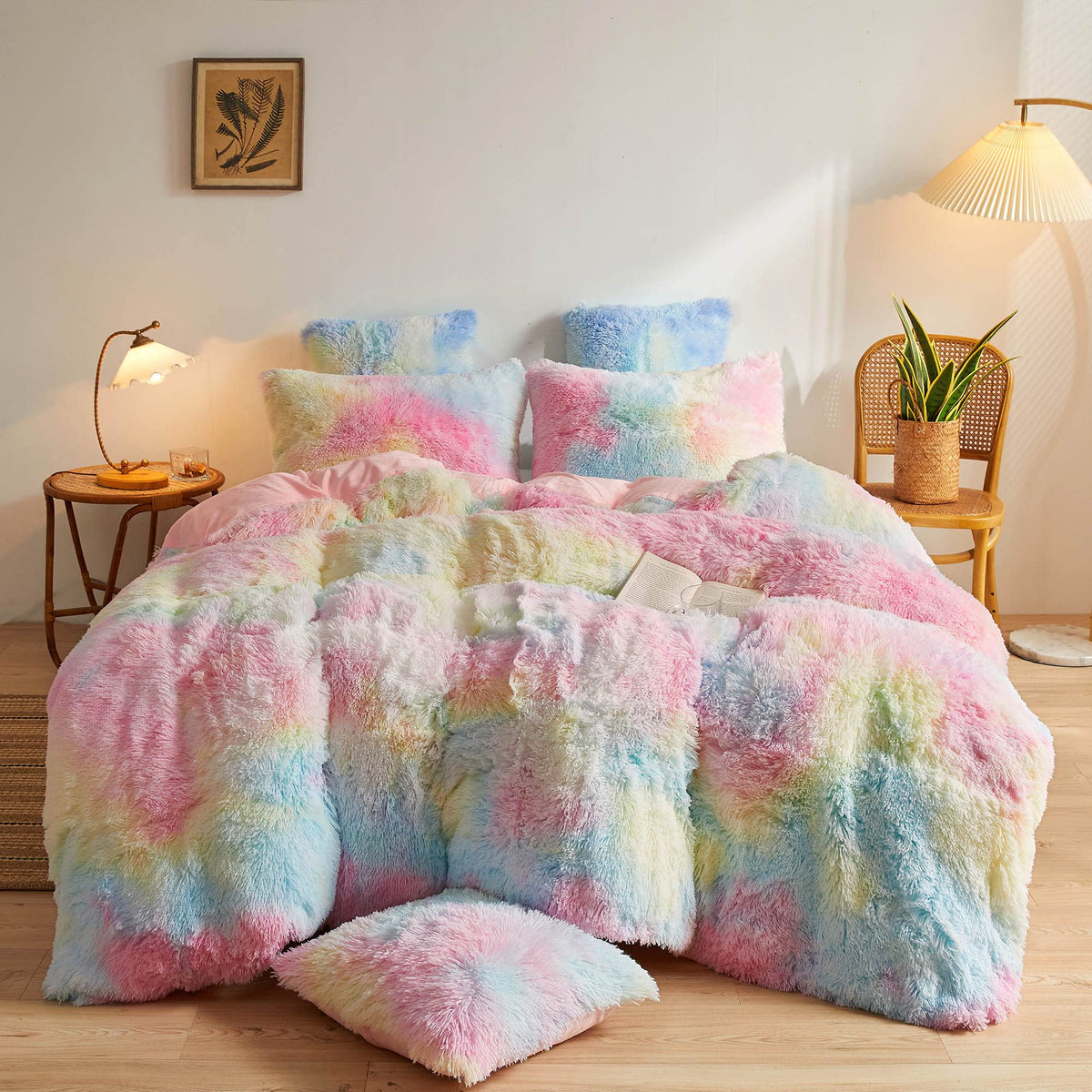 Xege Tie Dye Plush Shaggy Duvet Cover Set, 2 Pieces Soft Velvet Fluffy Furry Bedding Set Rainbow Print(1 Multicolor Faux Fur Fuz