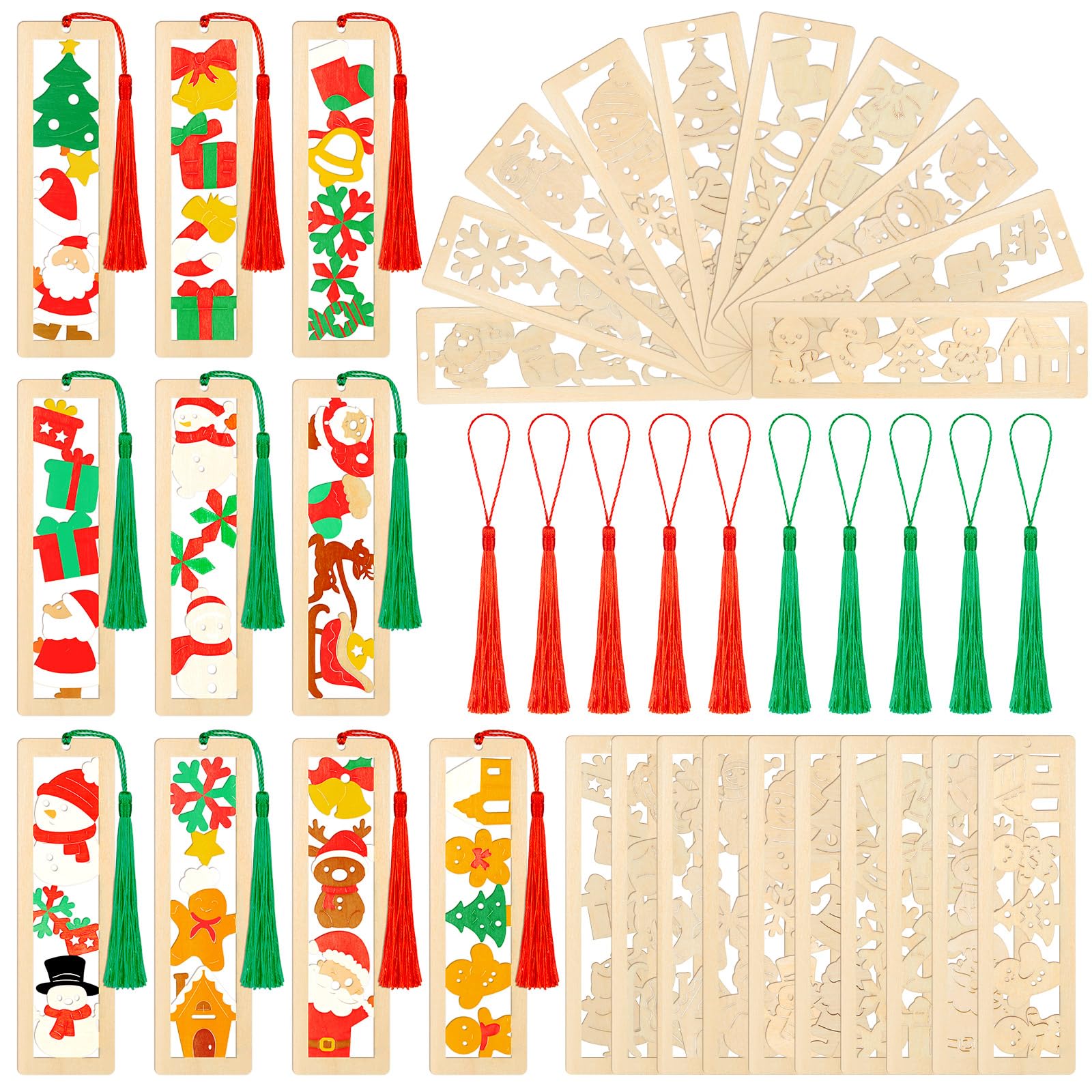 Yexiya 100 Pcs/50 Set Christmas DIY Wooden Bookmarks Bulk for Book Lovers, Christmas Bookmarks Decorations, Santa Snowman Elk Gi
