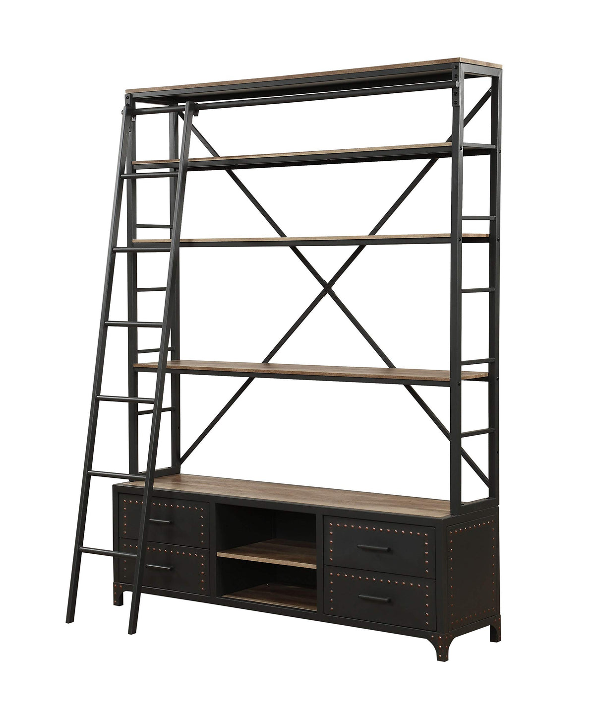 HomeRoots Metal Tube, Paper Veneer, 64' X 29' X 83' Sandy Gray Metal Tube Bookcase with Ladder