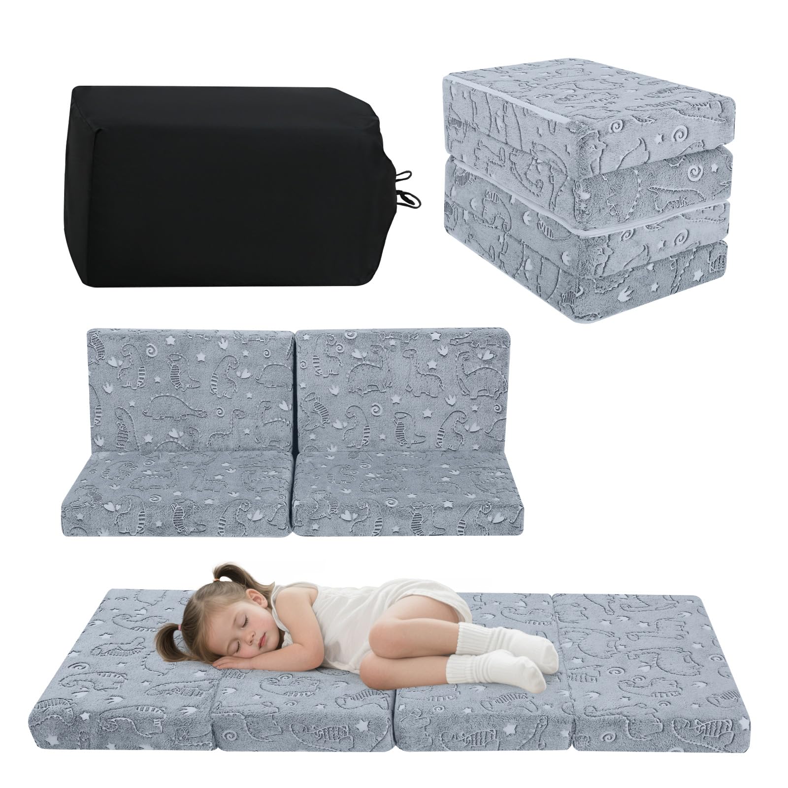 MeMoreCool Foldable Floor Mattress for Kids, Glow Dinosaur Trifold Mat, Kids Folding Mattress Portable Futon, Grey