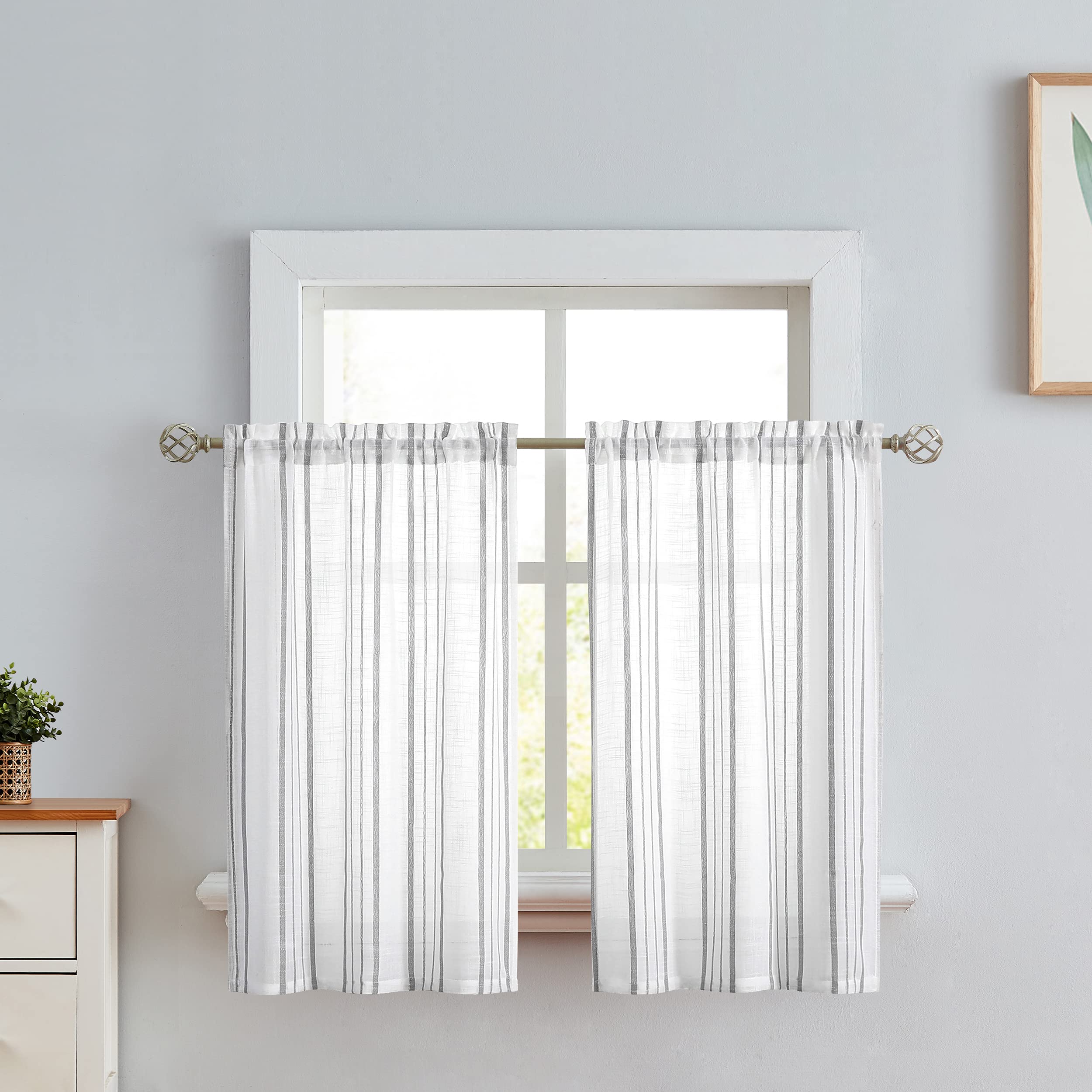 Sxzjtex Stripe Cafe Kitchen Curtain Tiers Geometric Pattern Cafe Curtains 36 Inch Length, White And Grey Linen Textured Pinstrip