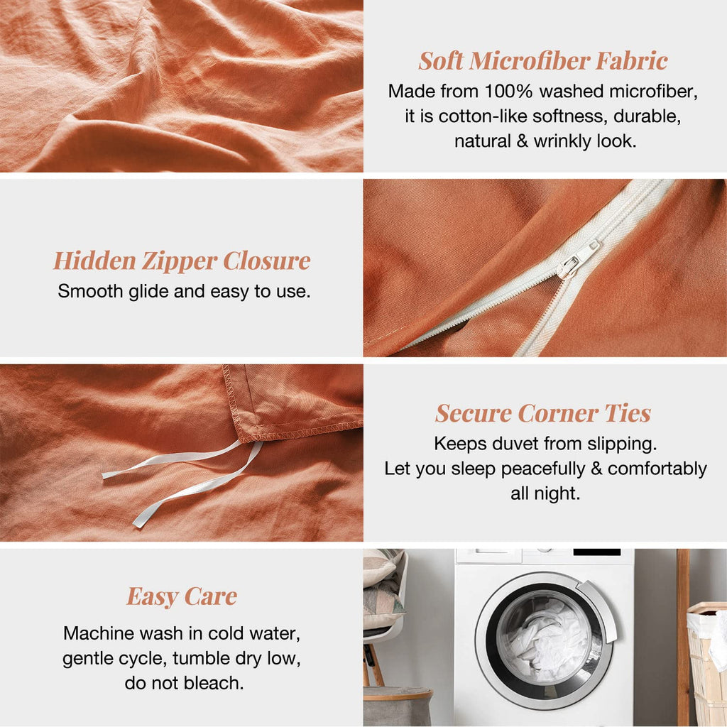 Mildly Super Soft Duvet Cover - 100% Washed Microfiber Rust Comforter Cover Set 3 Pieces With Zipper Closure & Corner Ties (No C