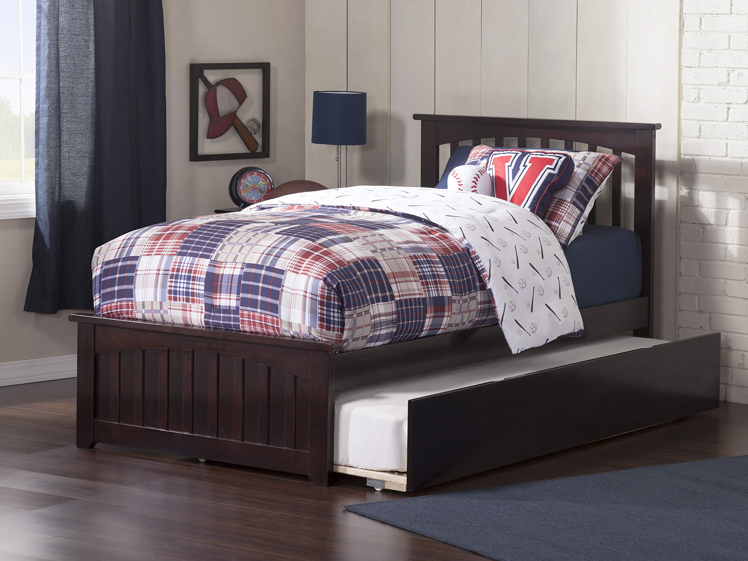 AFI Mission Queen Platform Bed with Matching Footboard and Turbo Charger with Twin Extra Long Trundle in Walnut