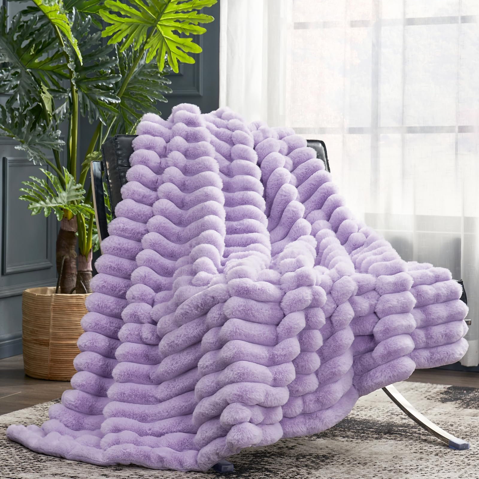 Cozy Bliss Faux Fur Throw Blanket for Couch, Cozy Warm Plush Striped Blanket for Sofa Bedroom Living Room, 50 * 60 Inches Lavend