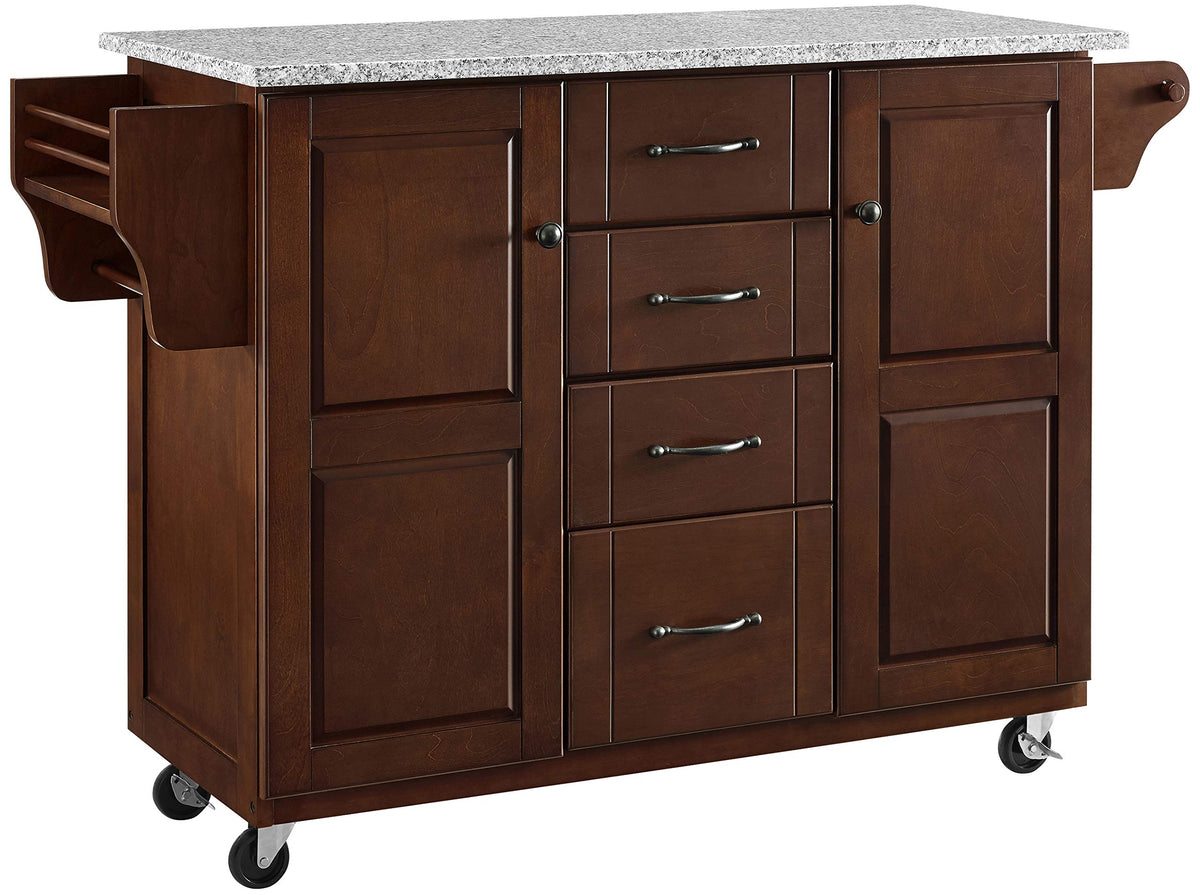 Crosley Furniture Eleanor Granite Top Rolling Cart Kitchen Island Spice Rack, Storage Drawers and Shelves, Mahogany