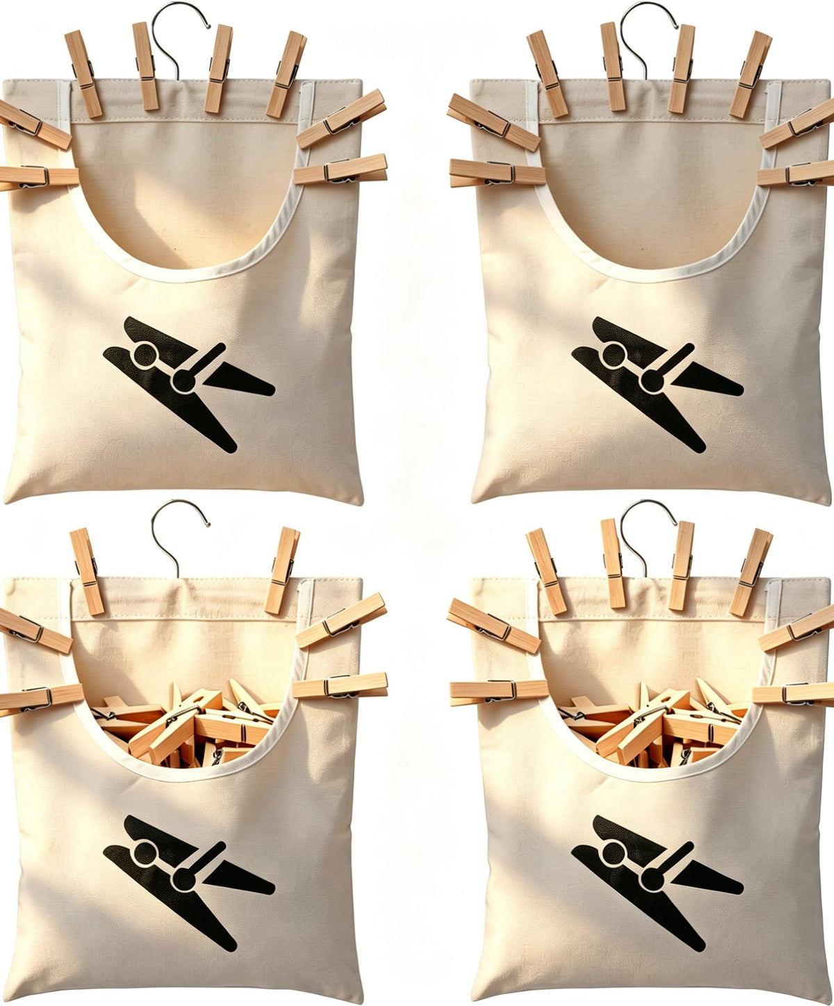 4 PACK Canvas Clothespin Bag with Hanging Hooks Holds 100 Clothes Pins