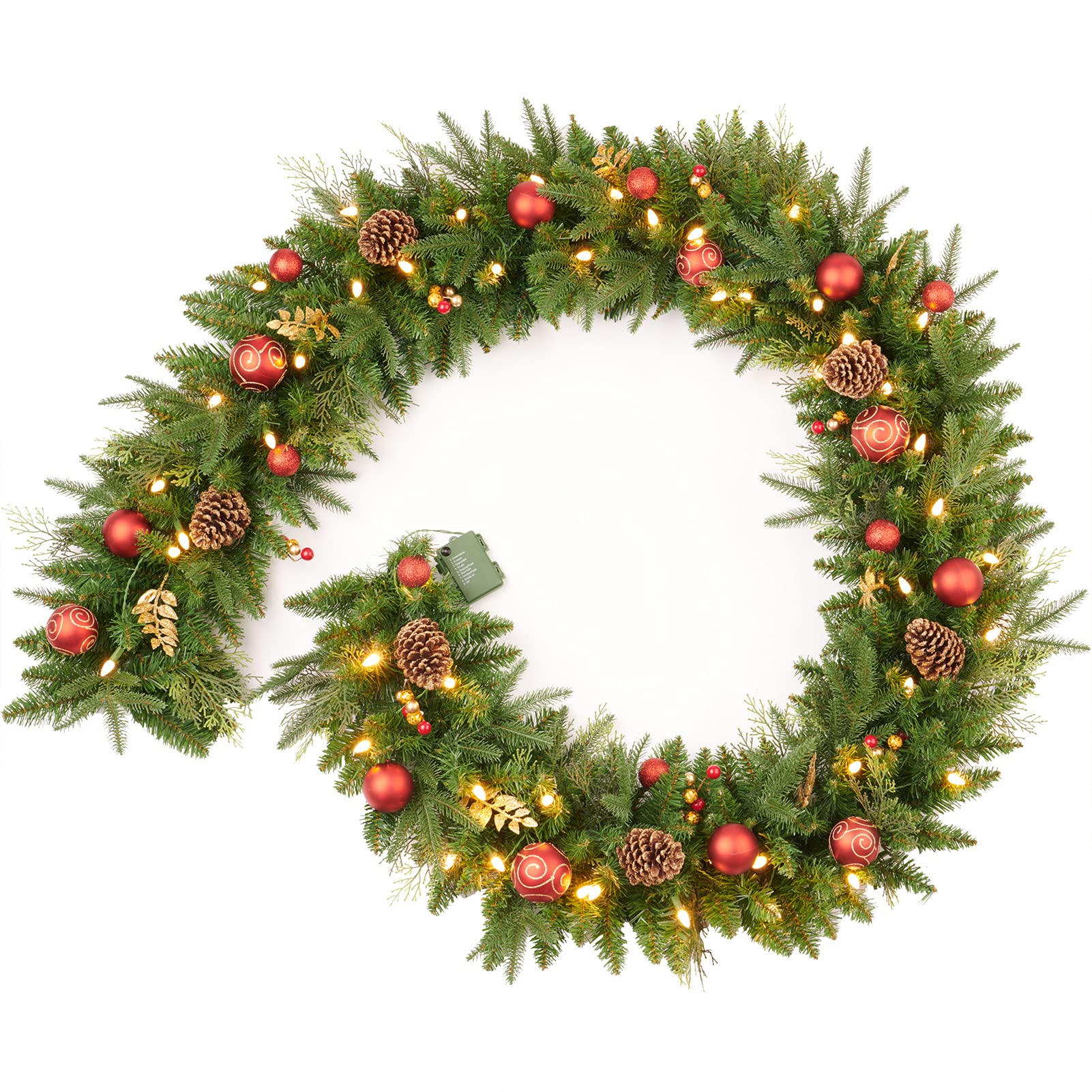 AMERZEST 9FT Red Gold Christmas Garland Prelit with Battery Operated 50 LED Lights,Holiday Decoration Stairs Mantle Door Indoor 