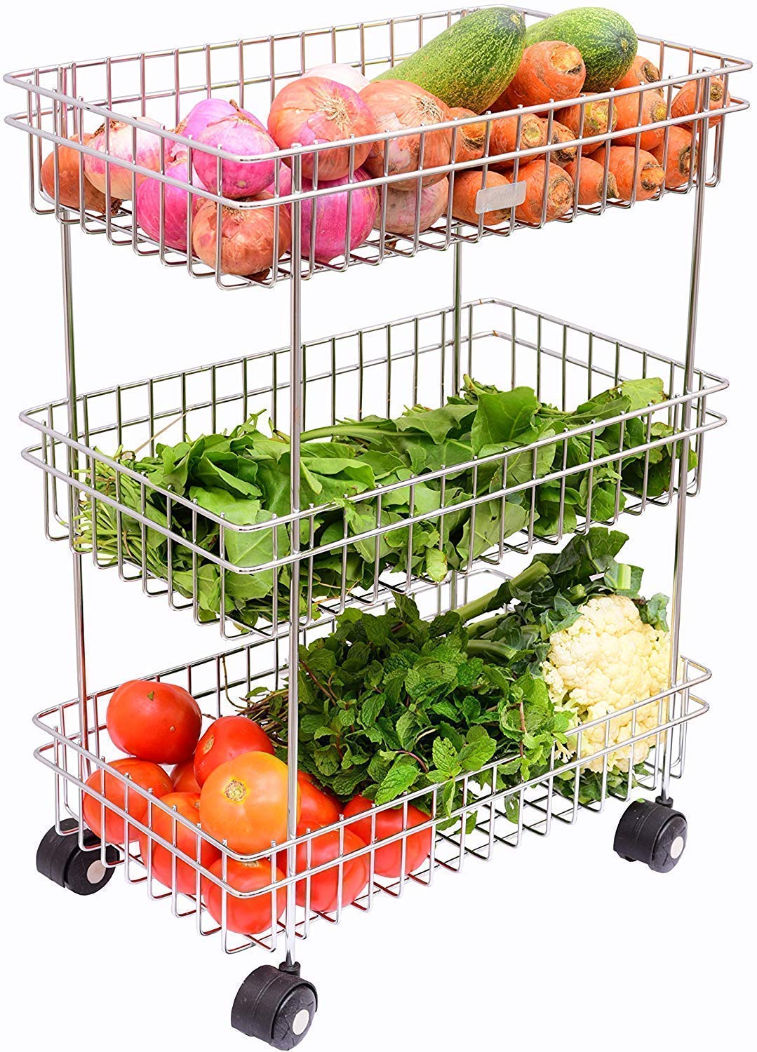 Privesh Three Layer Kitchen Trolly Multipurpose Stainless Steel Portable Storage Rack | Trolley With Wheels For Kitchen Storage 