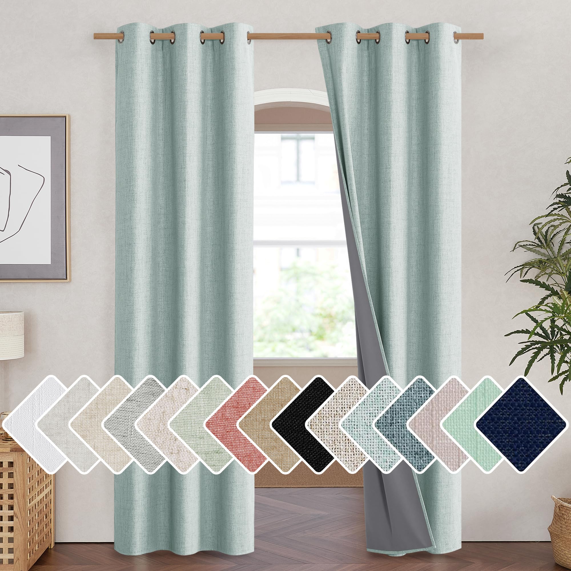 NICETOWN 100% Absolutely Blackout Linen Curtains with Thermal Insulated Liner, Seafoam Green, 42 Wide, 90 Length Energy Saving C