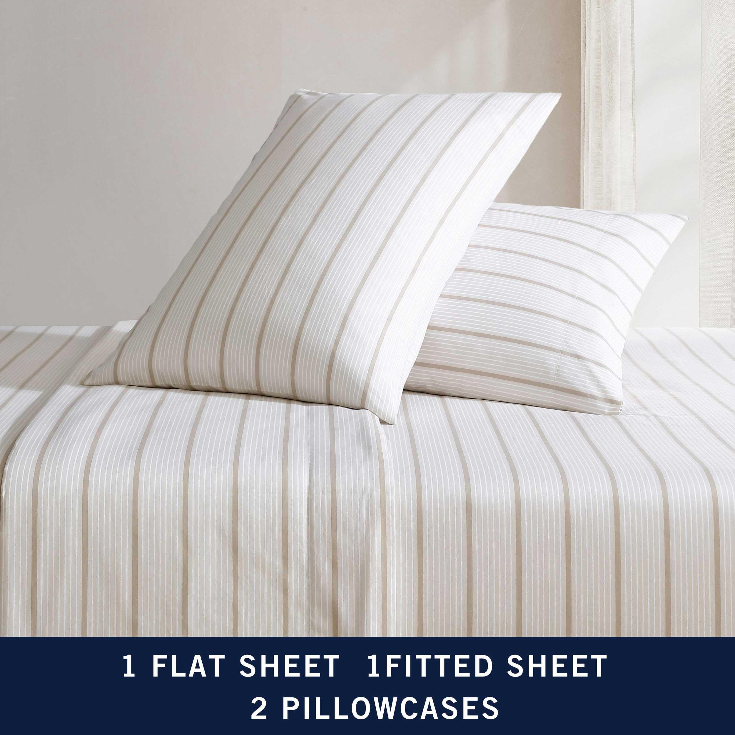 Nautica - Twin Sheets, Premium Cotton Percale Bedding Set, Striped Bedding Set, Oeko-Tex Certified (Merrick Stripe Beige, Twin)