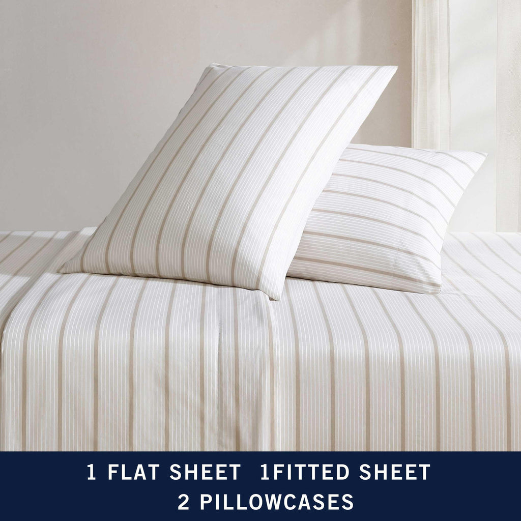 Nautica - Twin Xl Sheets, Premium Cotton Percale Bedding Set, Striped Bedding Set, Oeko-Tex Certified (Merrick Stripe Beige, Twin Xl)