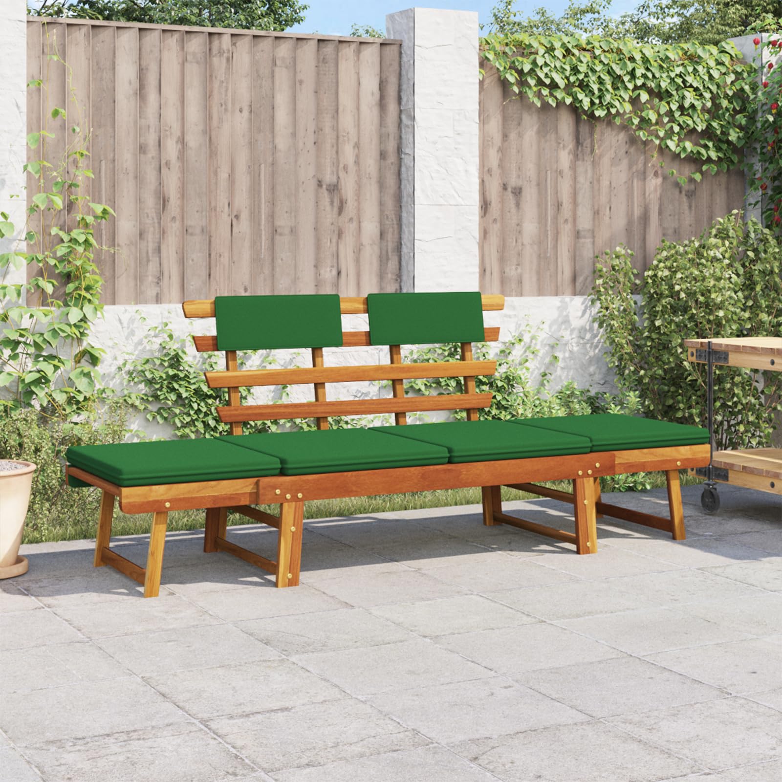 vidaXL 2-in-1 Convertible Outdoor Bench, Patio Daybed, Garden Day Bed, Weather-Resistant Solid Acacia Wood, 26.8" x 74.8" x 29.1" Brown Frame & Green Cushion