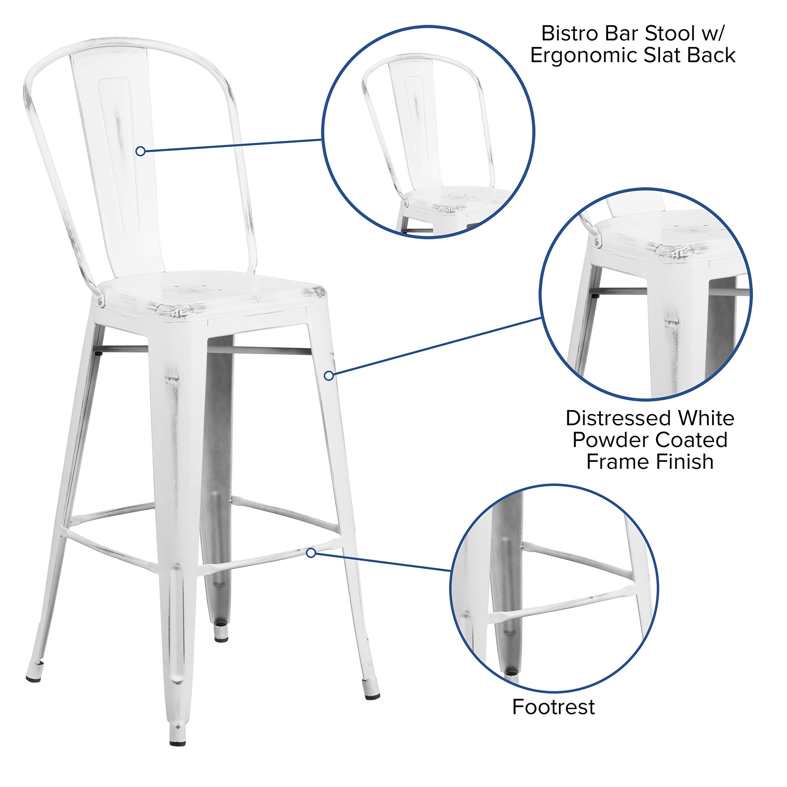 Flash Furniture Commercial Grade 30' High Distressed White Metal Indoor-Outdoor Barstool With Back