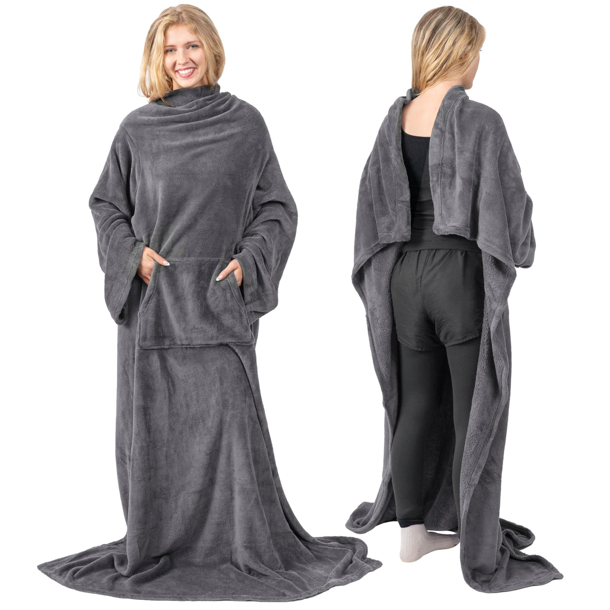 Pavilia Grey Fleece Wearable Blanket With Sleeves For Adults Women Men, Soft Warm Full Body Wrap Throw, Sweatshirt Pocket, Cozy