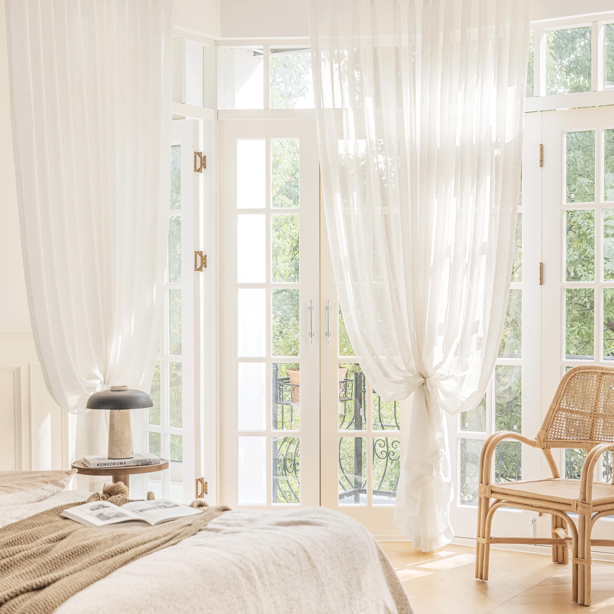 Fmfunctex Linen Sheer Curtains For Bedroom, Beige Curtains 45 Inches Long For Living Room, Natural Flax Blend Window Draperies F