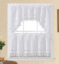 GOHD Lace Rosarium Kitchen Curtains, 3PCS Kitchen Curtains and Valances Set, Elegant White Fabric with Rose Embroidery and Lace.