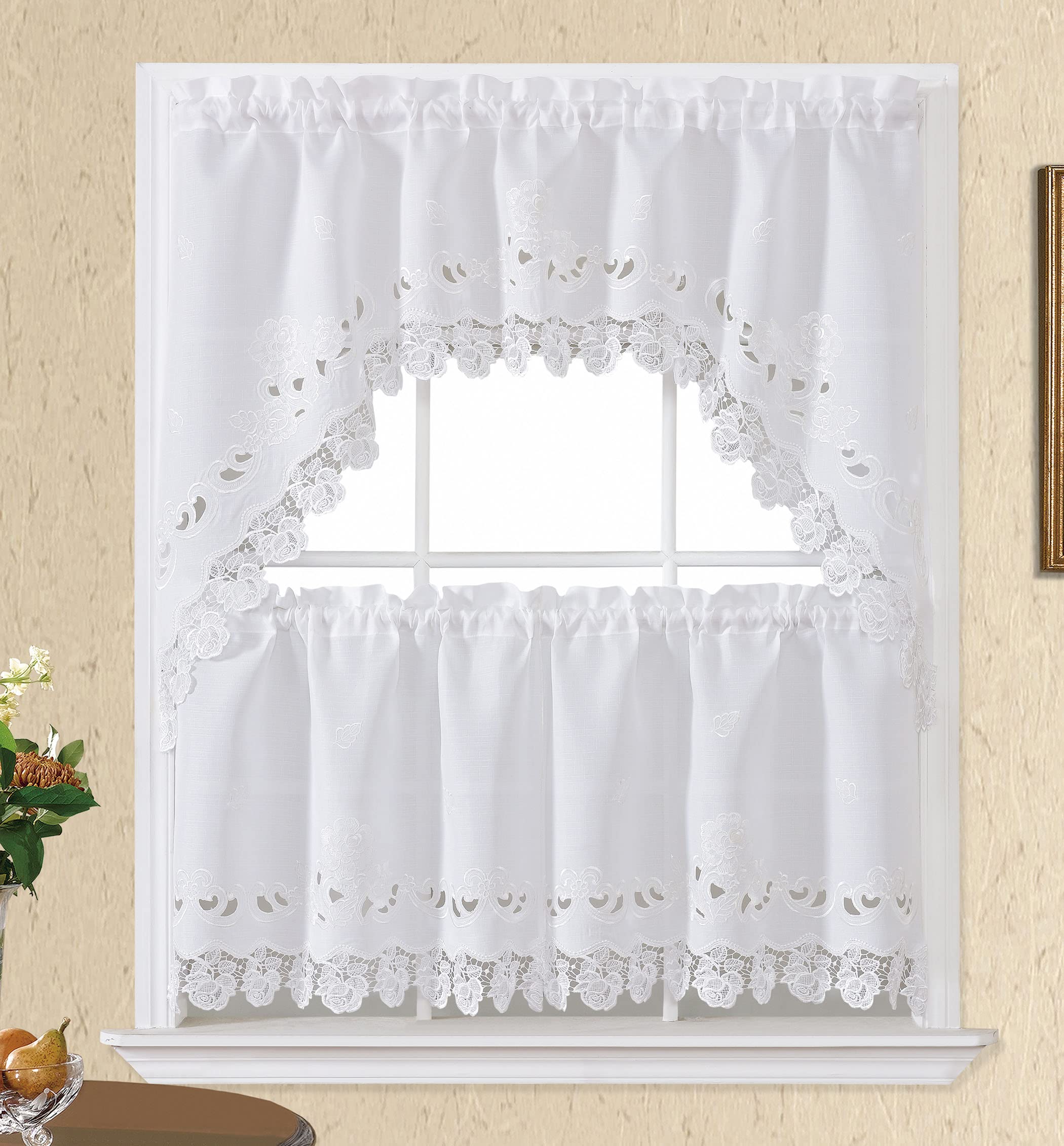 GOHD Lace Rosarium Kitchen Curtains, 3PCS Kitchen Curtains and Valances Set, Elegant White Fabric with Rose Embroidery and Lace.