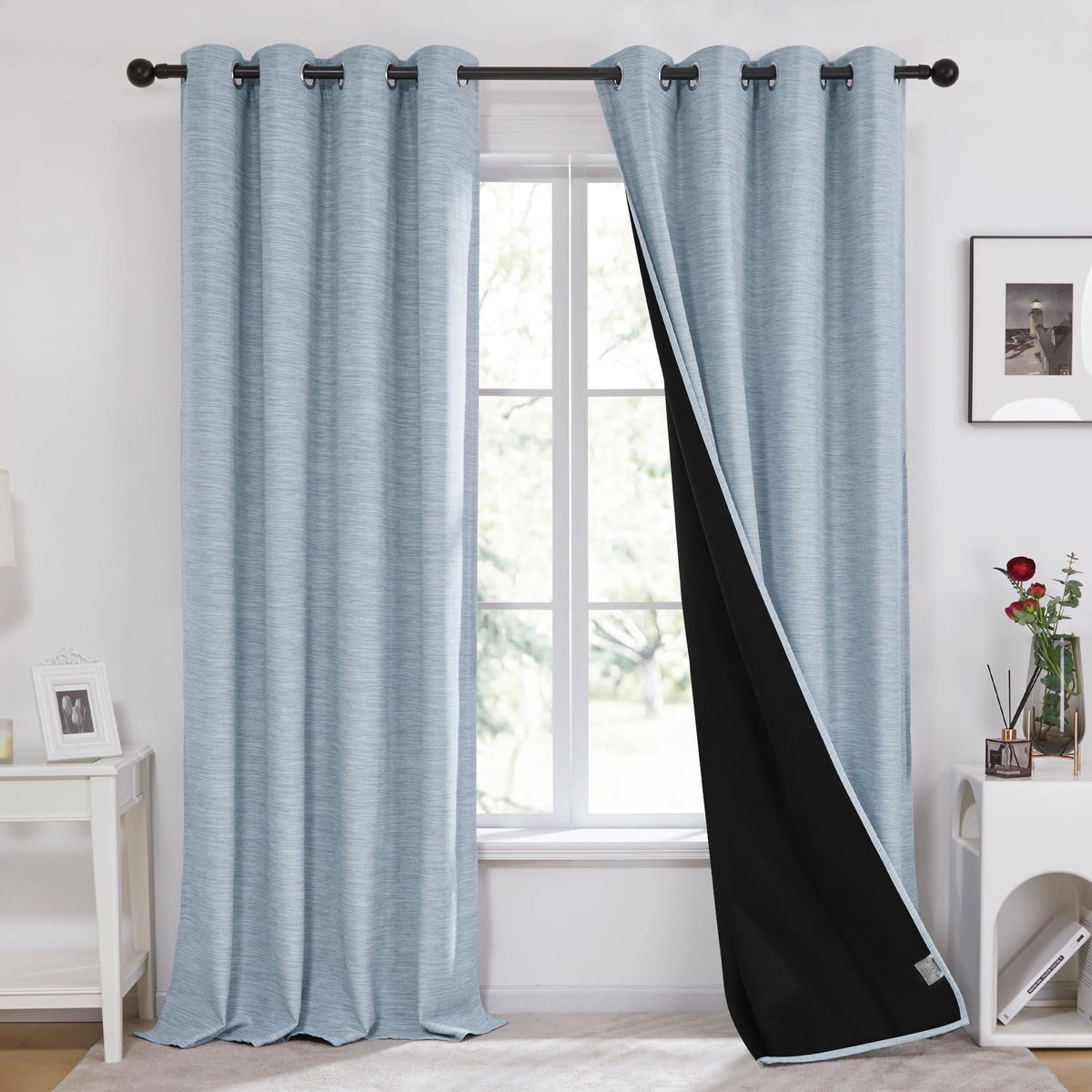 Deconovo Faux Linen Total Blackout Curtains Grommet Noise Reducing Panels With Black Backing Light Blue 52X74 Inch