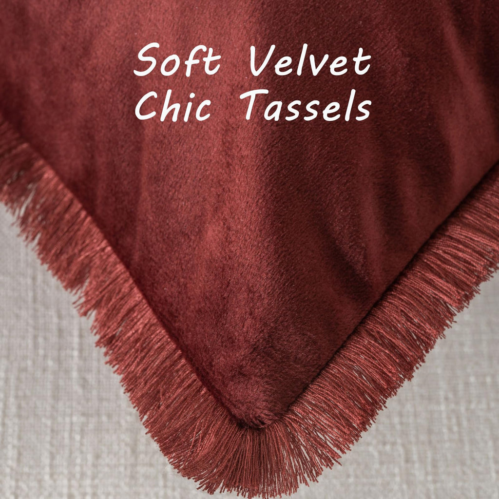 Futei Burgundy Boho Throw Pillow Covers With Tassels 12X20 Inch Set Of 2,Soft Velvet Lumbar Pillow Cases,Home Decor For Couch Li