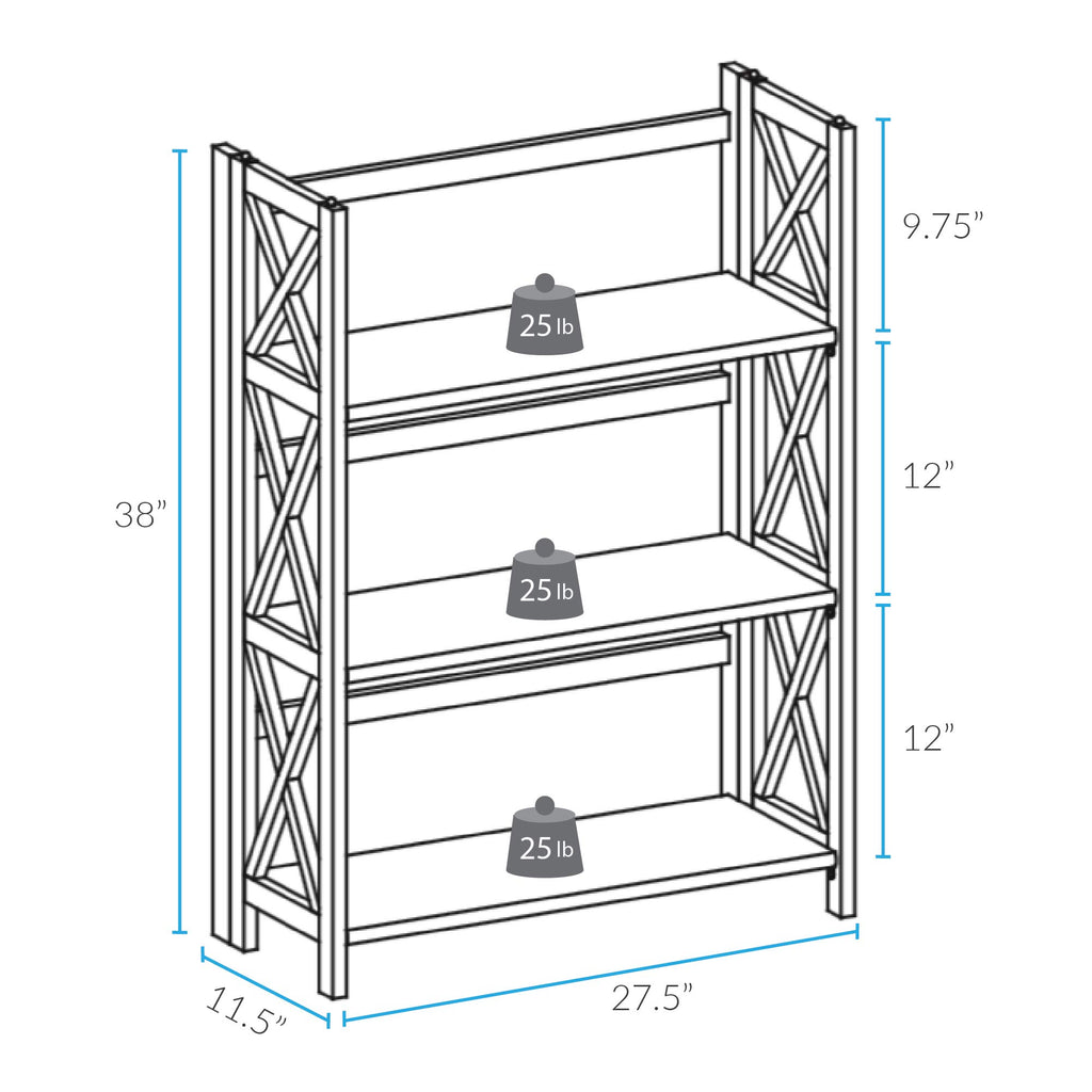 Casual Home Montego 3-Shelf White Fold Bookcase, 27.5" Wide