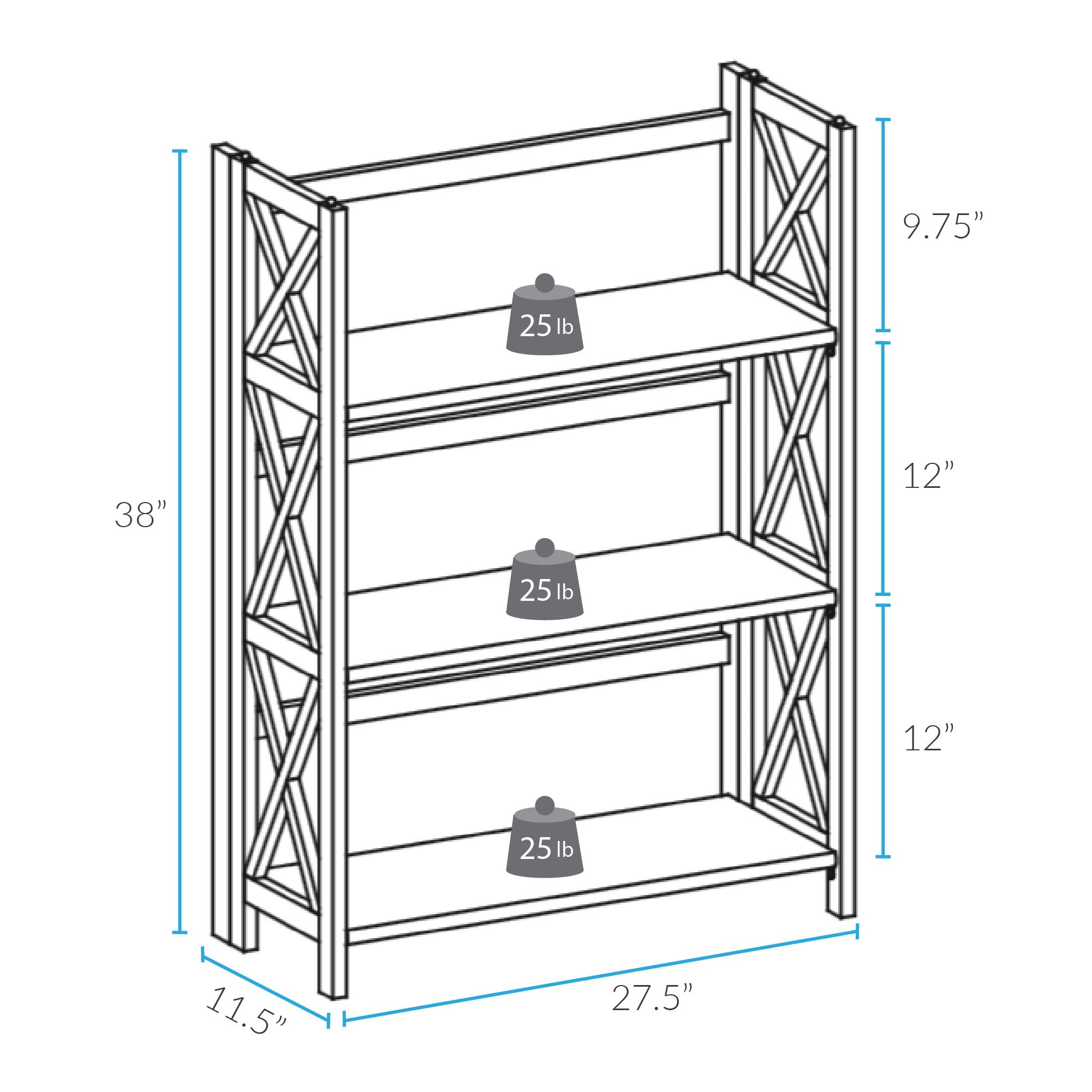 Casual Home Montego 3-Shelf White Fold Bookcase, 27.5" Wide