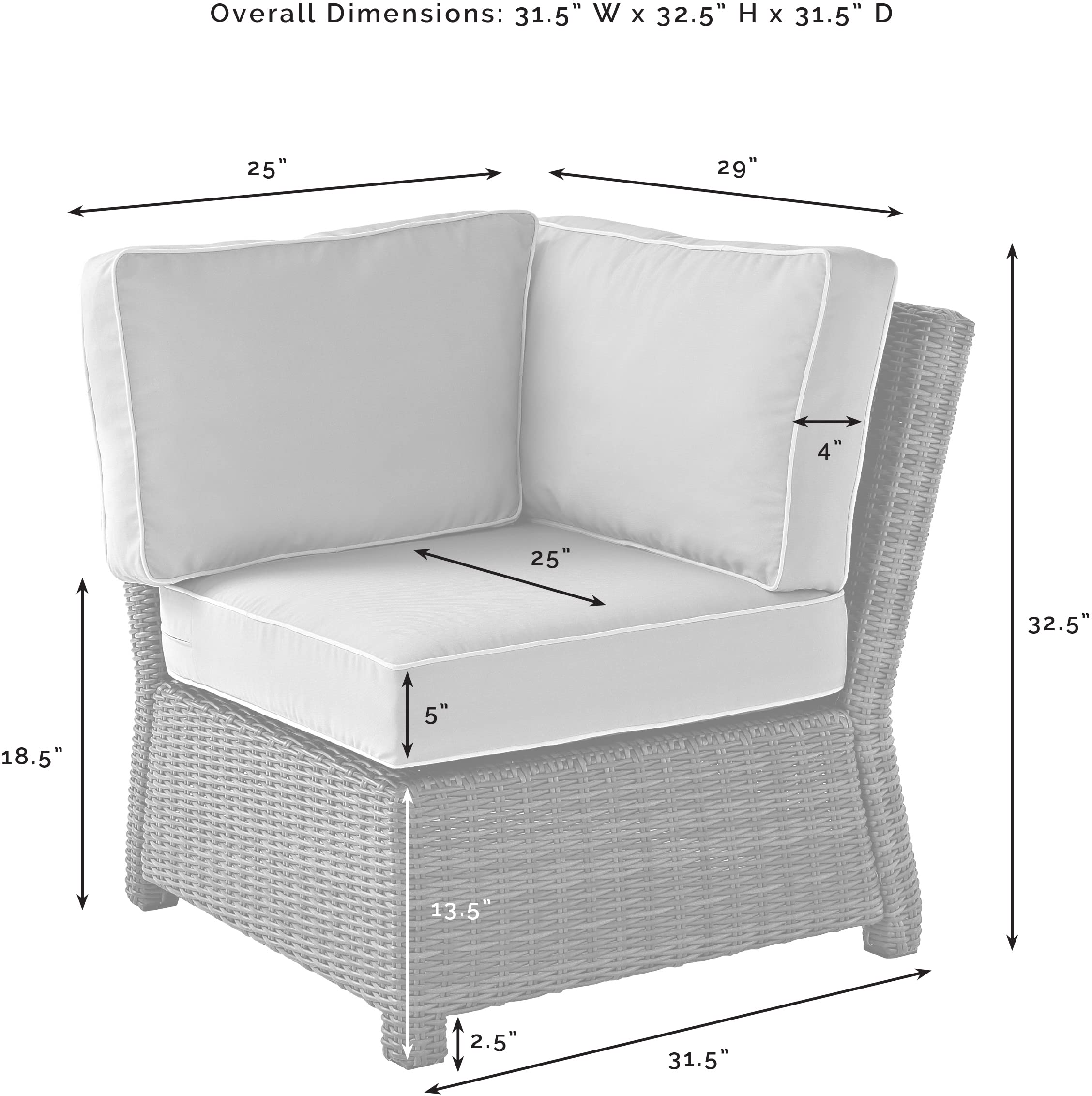 Crosley Furniture Bradenton Corner Outdoor Sectional Chair, Wicker Patio Chairs for Porch, Deck, Backyard, Brown with Gray Cushions